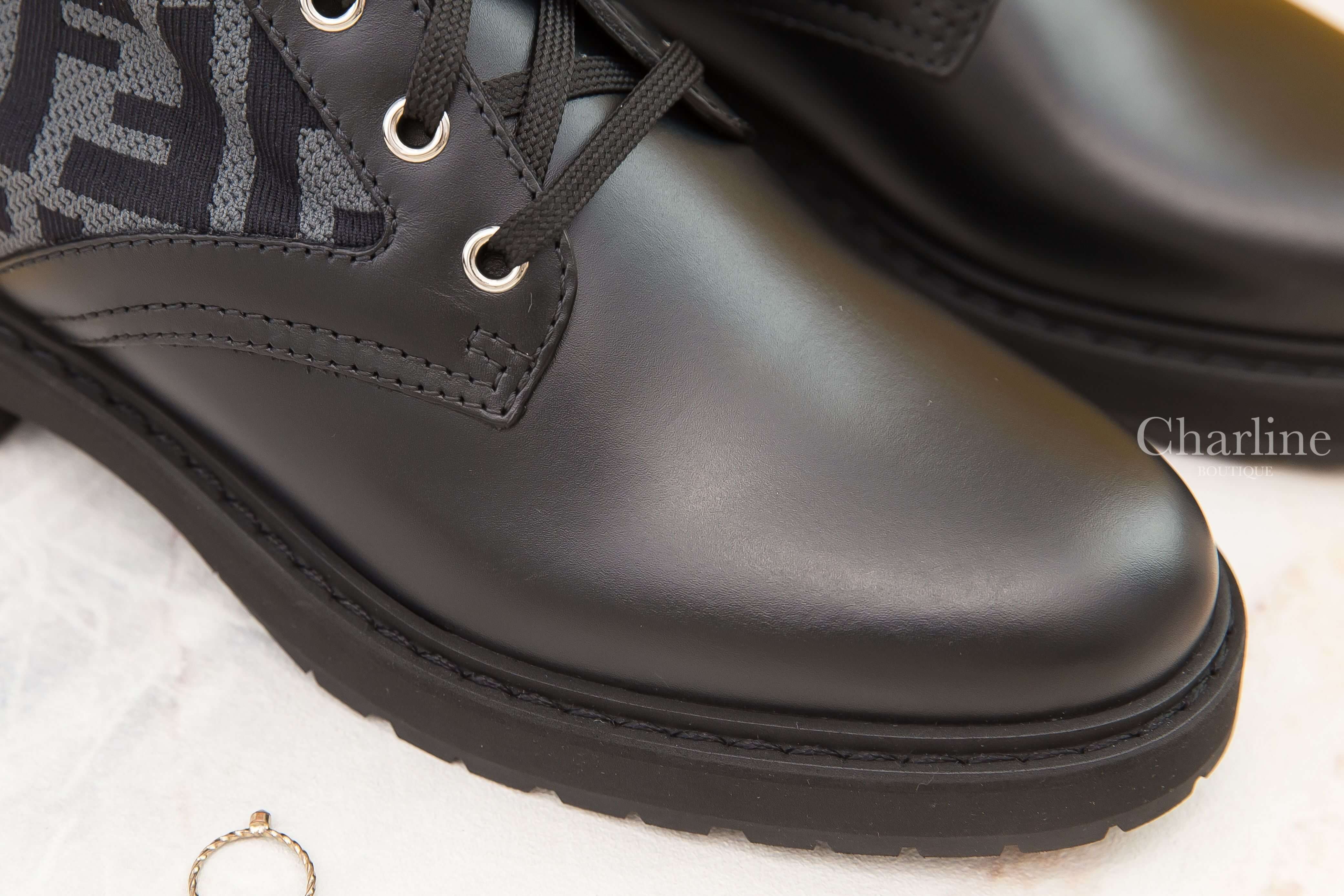 Fendi Biker Boots 黑色小牛皮拼接針織灰色FF綁帶筒靴