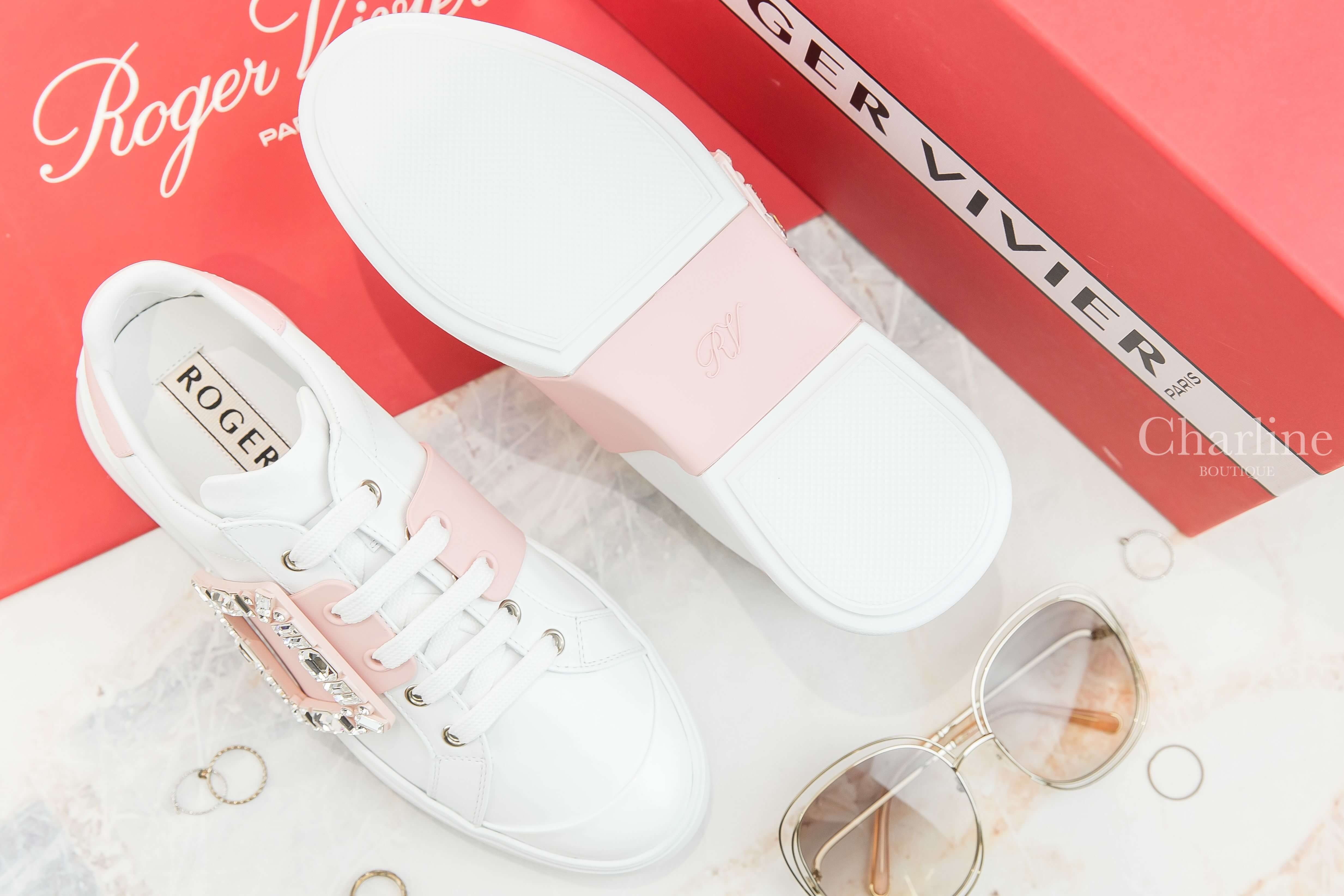 Roger Vivier Viv' Skate Strass Buckle Sneakers In Soft Leather 白色拼粉色皮革銀色水晶方釦運動鞋-Charline Boutique 精品代購