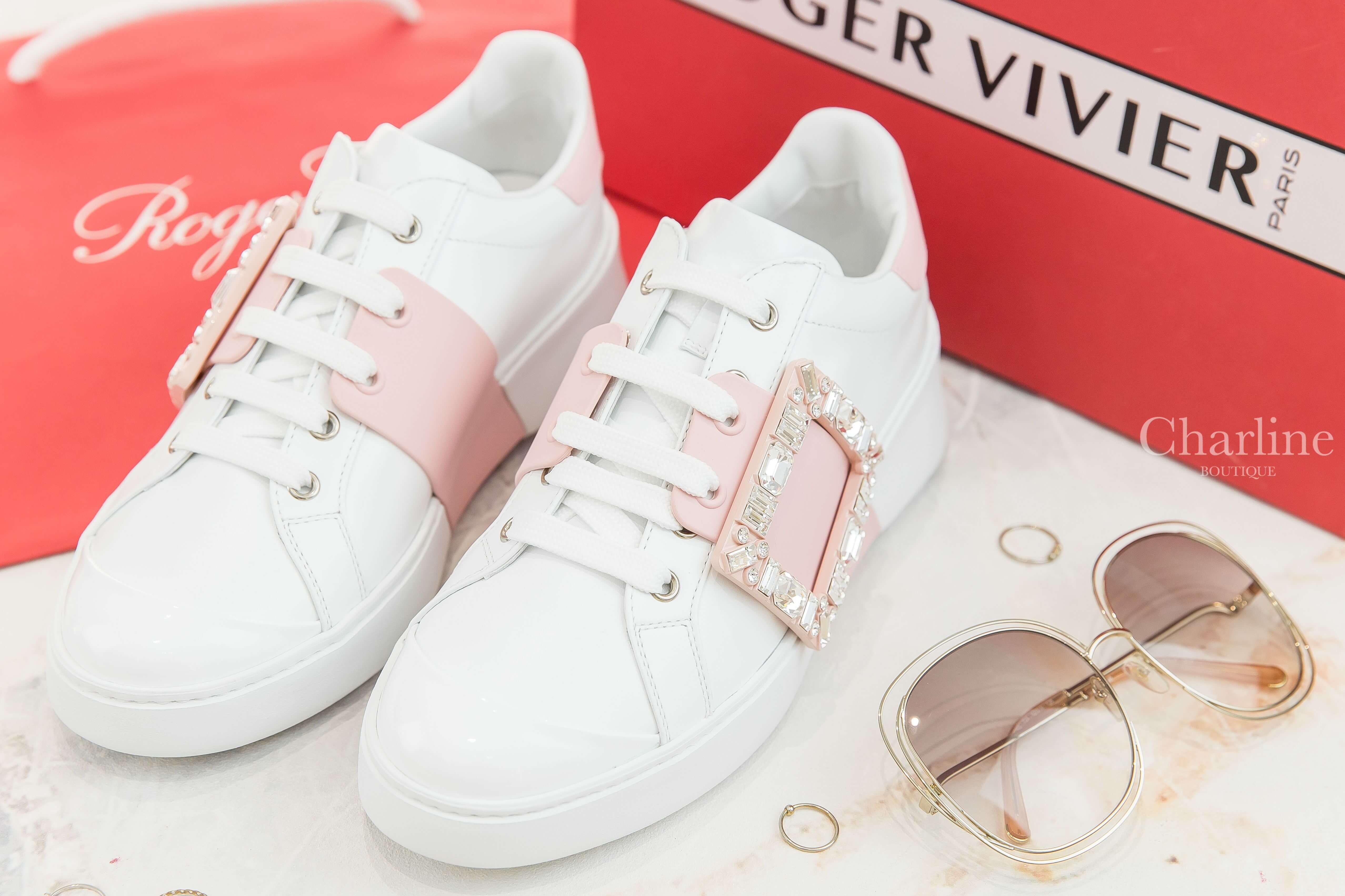 Roger Vivier Viv' Skate Strass Buckle Sneakers In Soft Leather 白色拼粉色皮革銀色水晶方釦運動鞋-Charline Boutique 精品代購