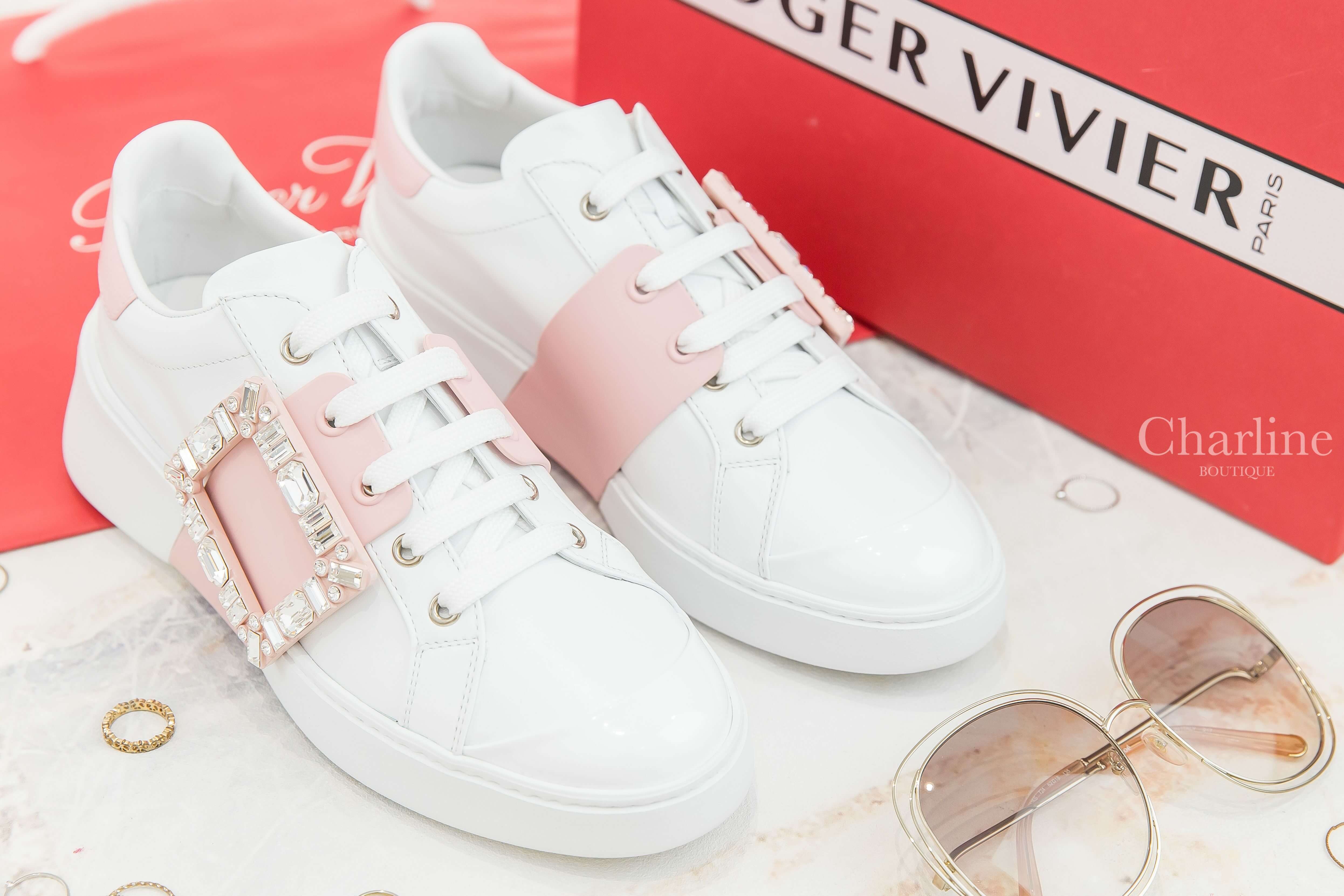 Roger Vivier Viv' Skate Strass Buckle Sneakers In Soft Leather 白色拼粉色皮革銀色水晶方釦運動鞋-Charline Boutique 精品代購