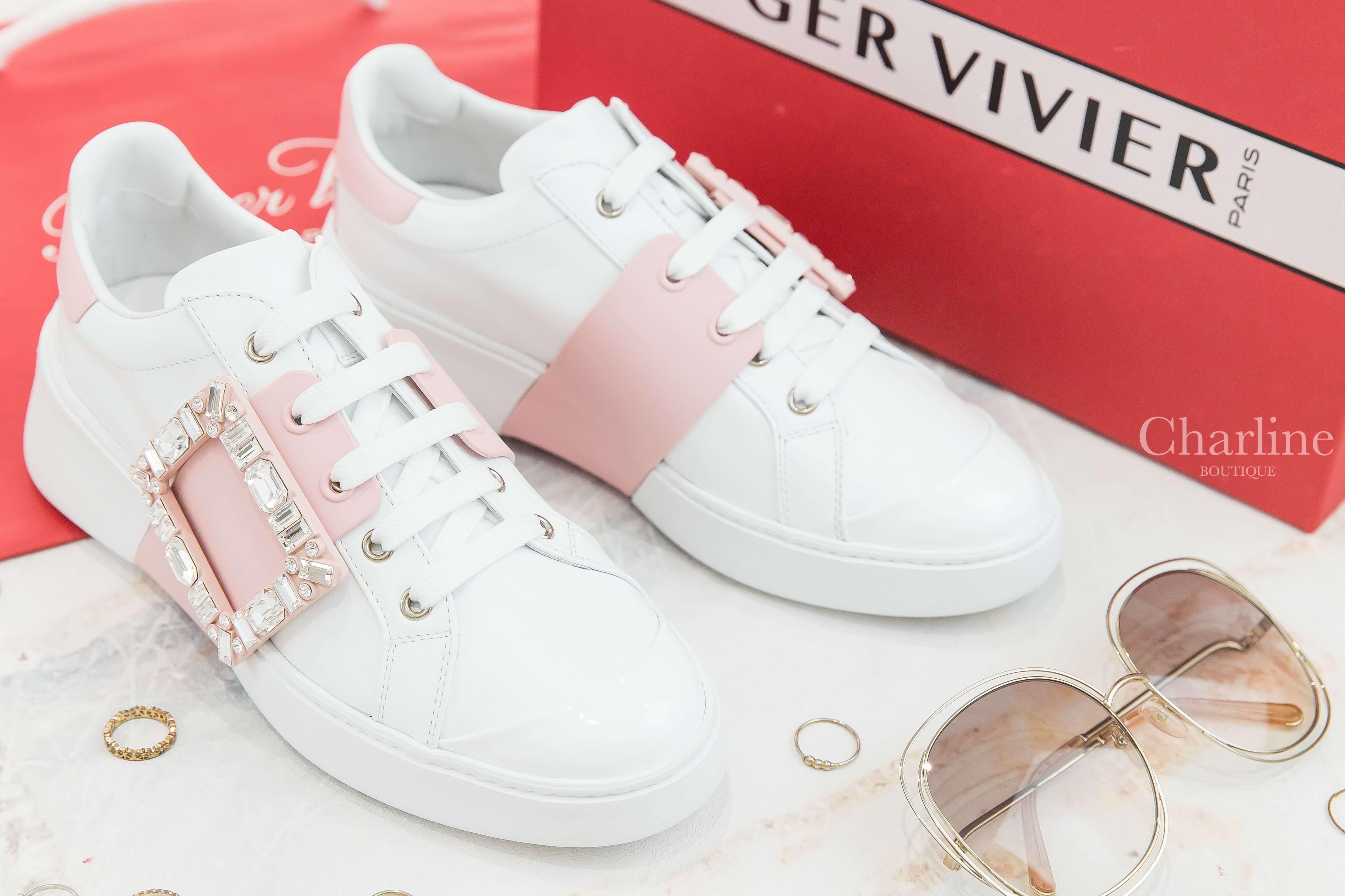 Roger Vivier Viv' Skate Strass Buckle Sneakers In Soft Leather 白色拼粉色皮革銀色水晶方釦運動鞋-Charline Boutique 精品代購