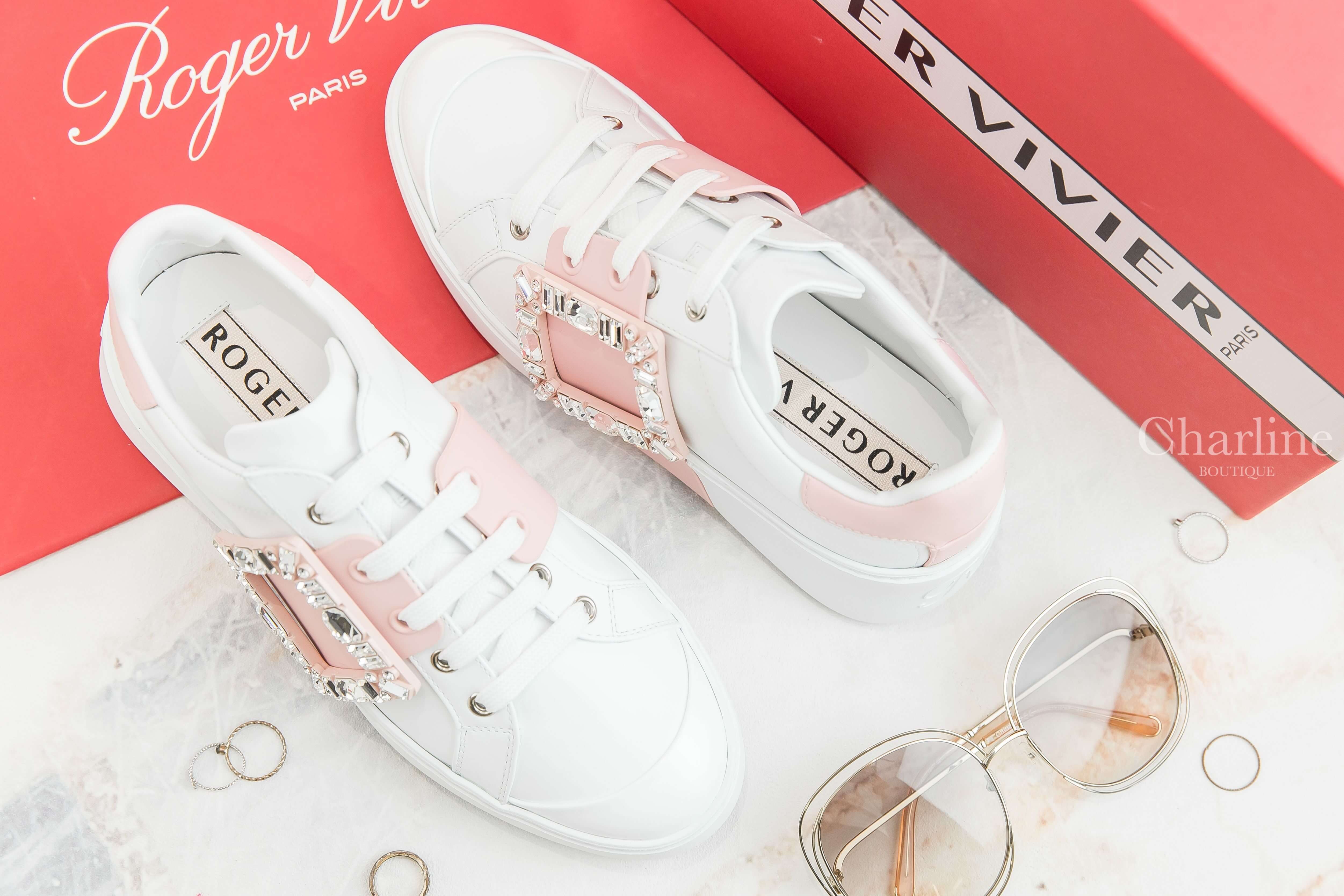 Roger Vivier Viv' Skate Strass Buckle Sneakers In Soft Leather 白色拼粉色皮革銀色水晶方釦運動鞋-Charline Boutique 精品代購