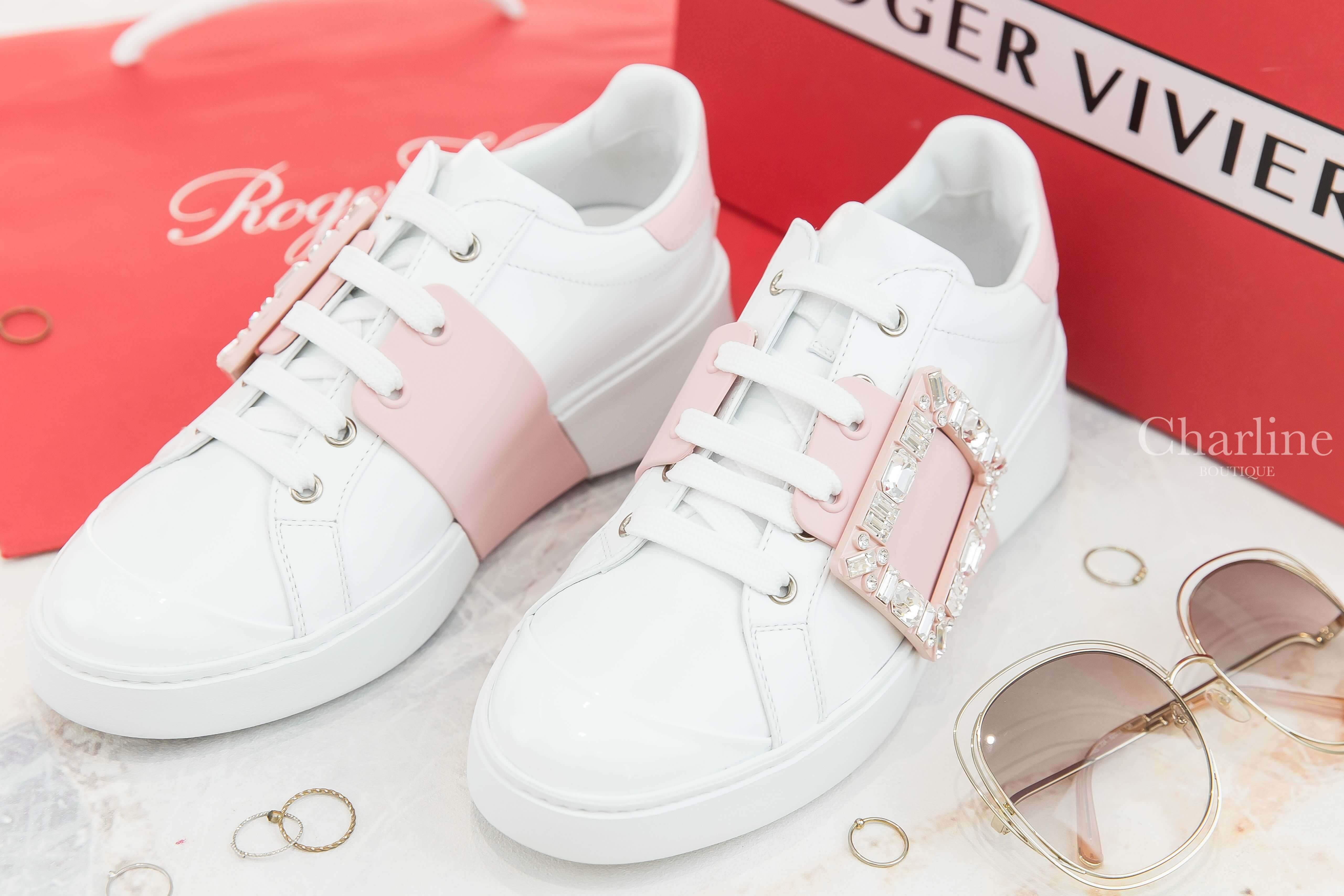 Roger Vivier Viv' Skate Strass Buckle Sneakers In Soft Leather 白色拼粉色皮革銀色水晶方釦運動鞋-Charline Boutique 精品代購