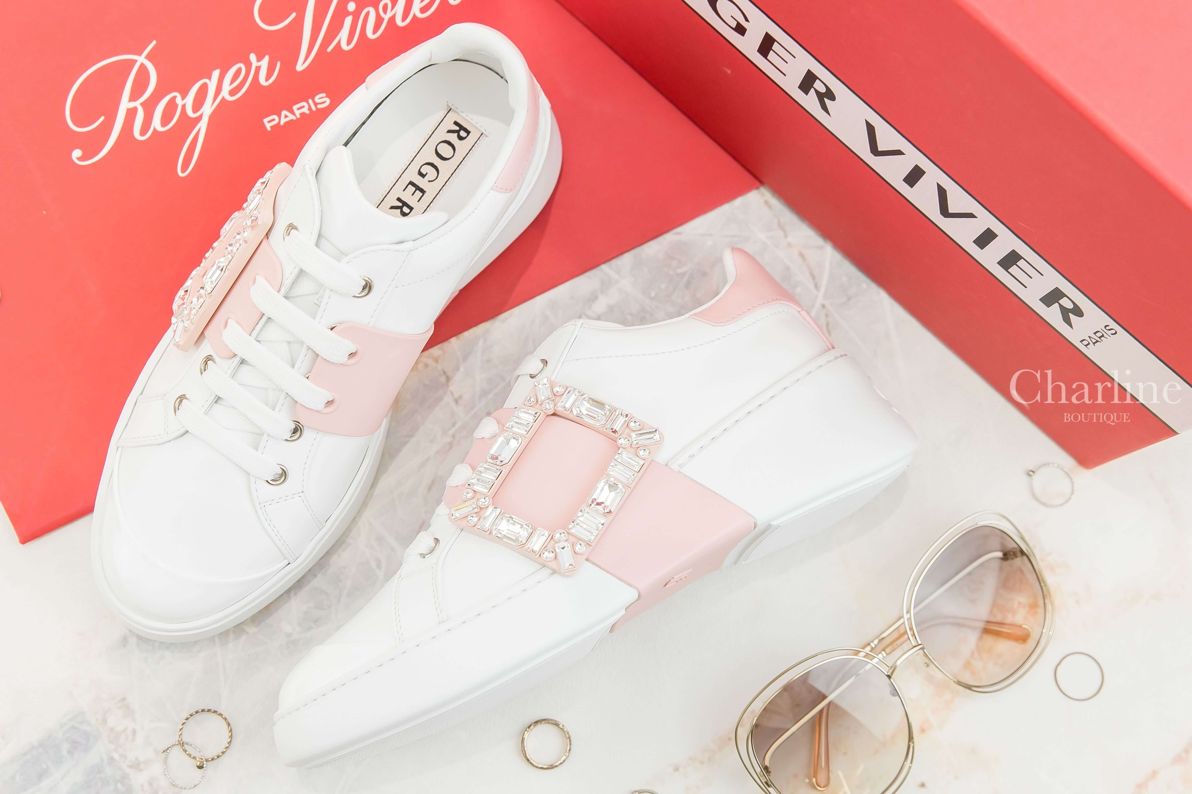 Roger Vivier Viv' Skate Strass Buckle Sneakers In Soft Leather 白色拼粉色皮革銀色水晶方釦運動鞋-Charline Boutique 精品代購