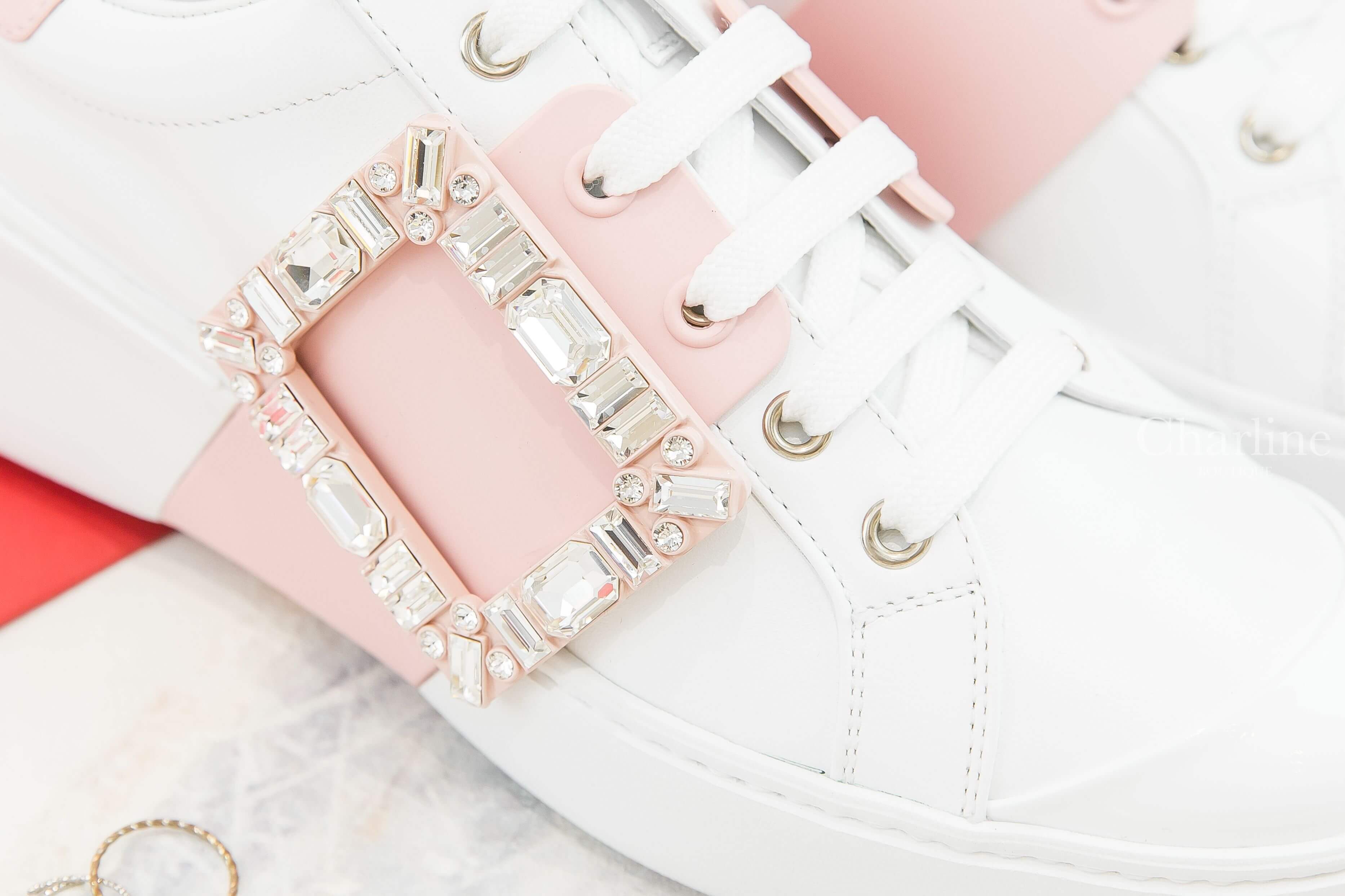 Roger Vivier Viv' Skate Strass Buckle Sneakers In Soft Leather 白色拼粉色皮革銀色水晶方釦運動鞋