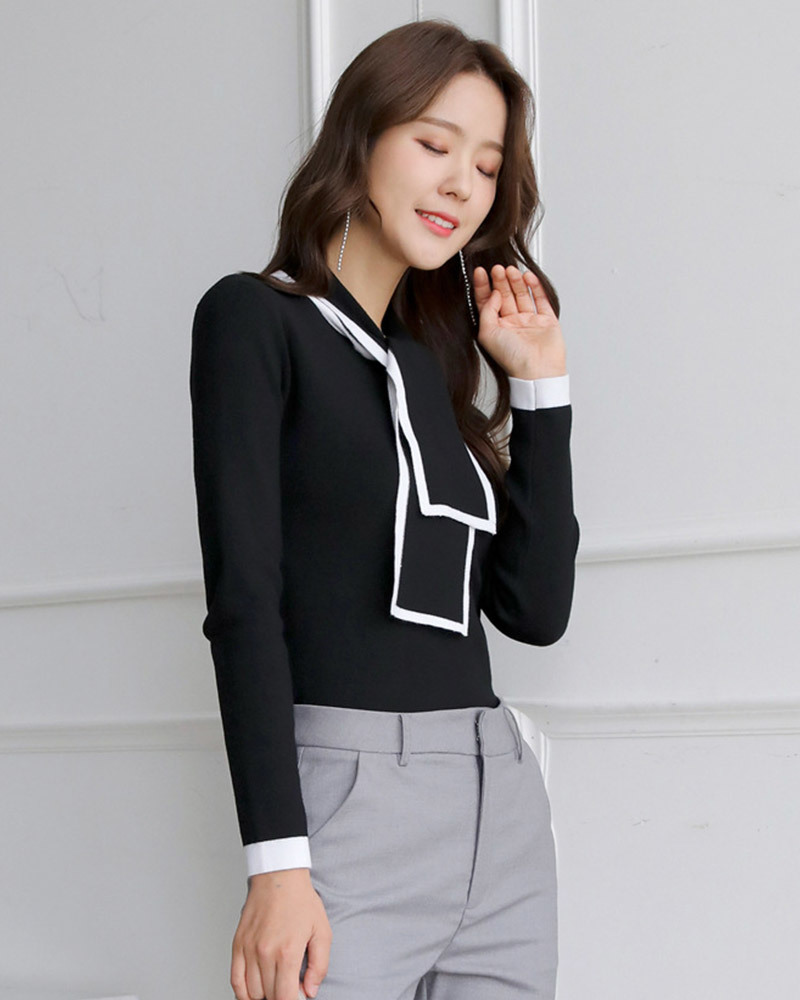 DEER.W 雙色領結滾邊針織上衣 黑色