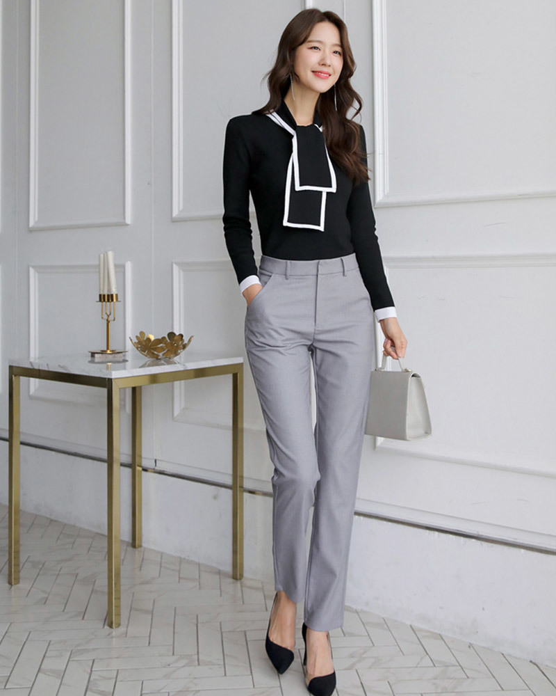 DEER.W 雙色領結滾邊針織上衣 黑色