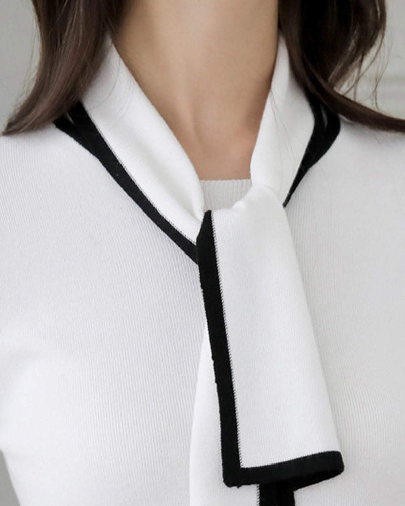 DEER.W 雙色領結滾邊針織上衣 白色