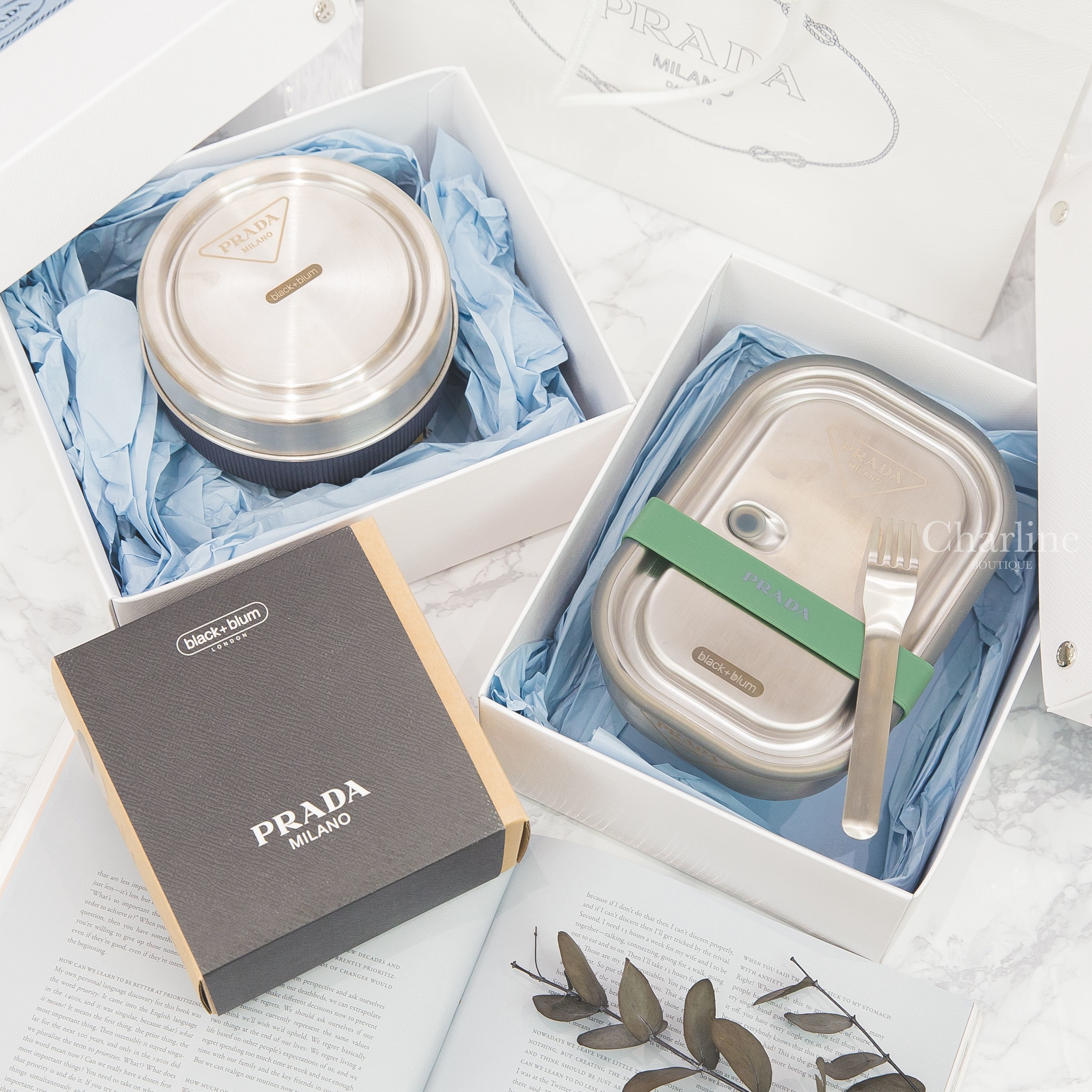 Prada Stainless Steel Lunch Box 金屬灰不鏽鋼附叉子午餐盒,Prada Glass Lunch Bowl, 750 ML 金屬灰玻璃碗不鏽鋼碗蓋組-Charline Boutique 精品代購
