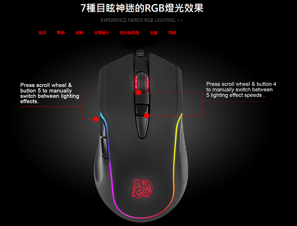米特3C數位–Thermaltake 曜越 奈諾司 RGB 電競滑鼠/EMO-NRR-WDOTBK-01