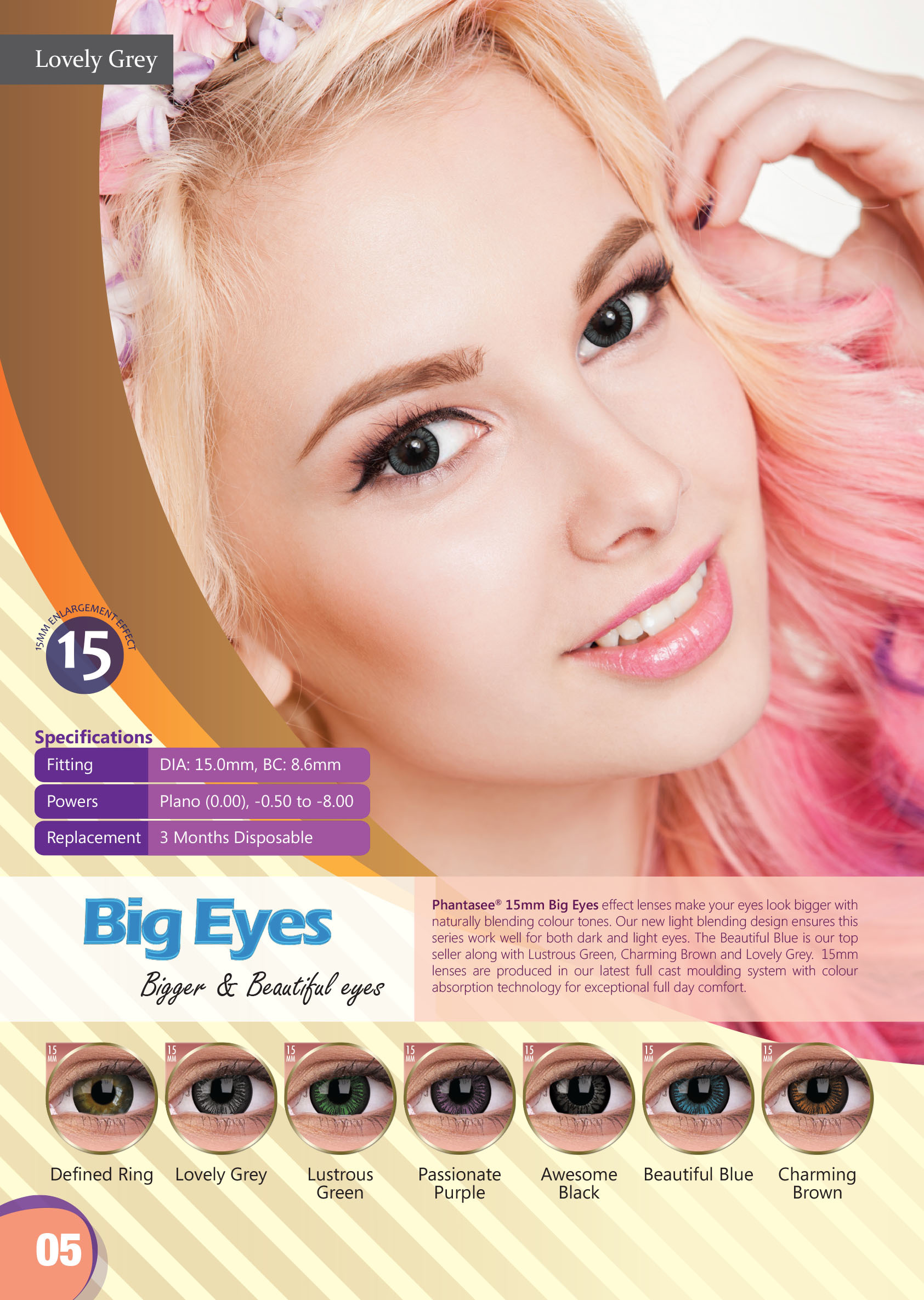 Phantasee 3 Month Color Contact lens 2 pcs/box , Maxvue Vision Big Eyes 15mm