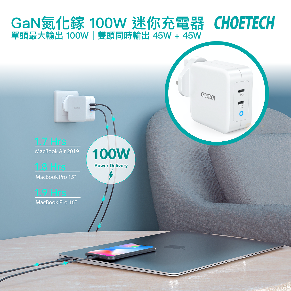 CHOETECH GaN氮化鎵迷你充電器最大輸出100W / 45W + 45W｜In-Smart 網