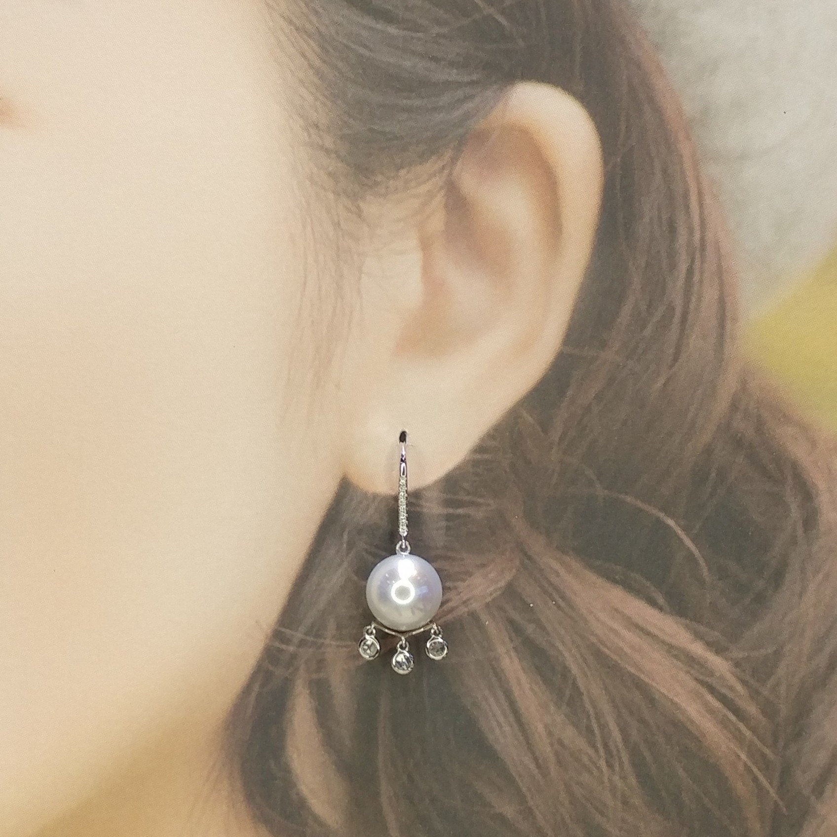 全新18K白金南洋白珍珠配31份鑽石耳環