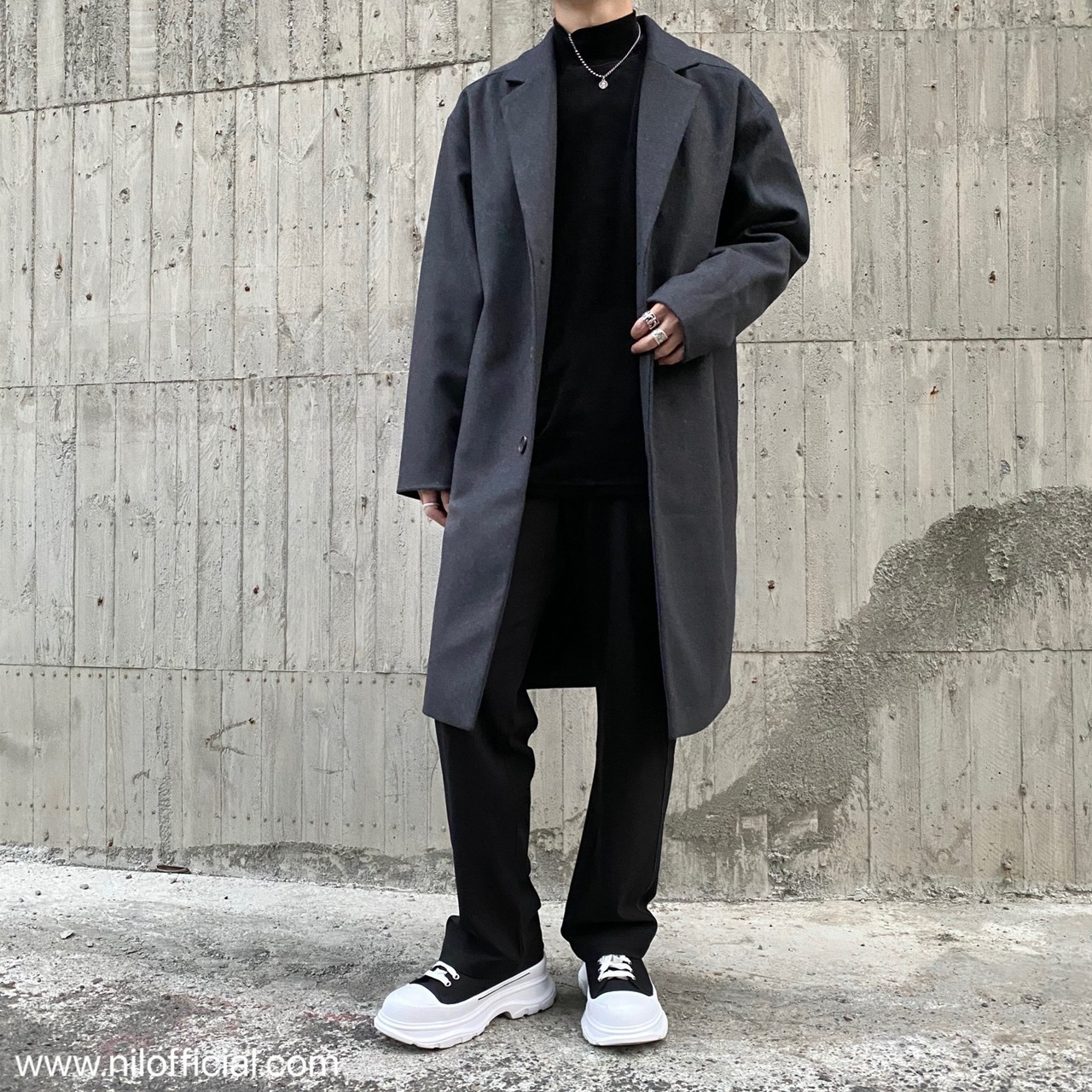 韓國 毛呢大衣 黑 灰