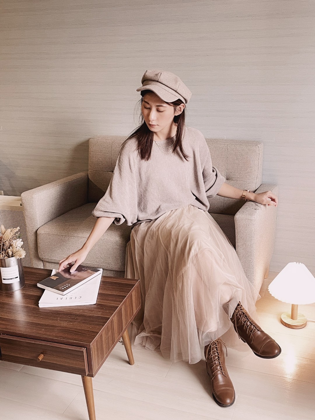 奶茶色-簡約連袖設計細針針織衫