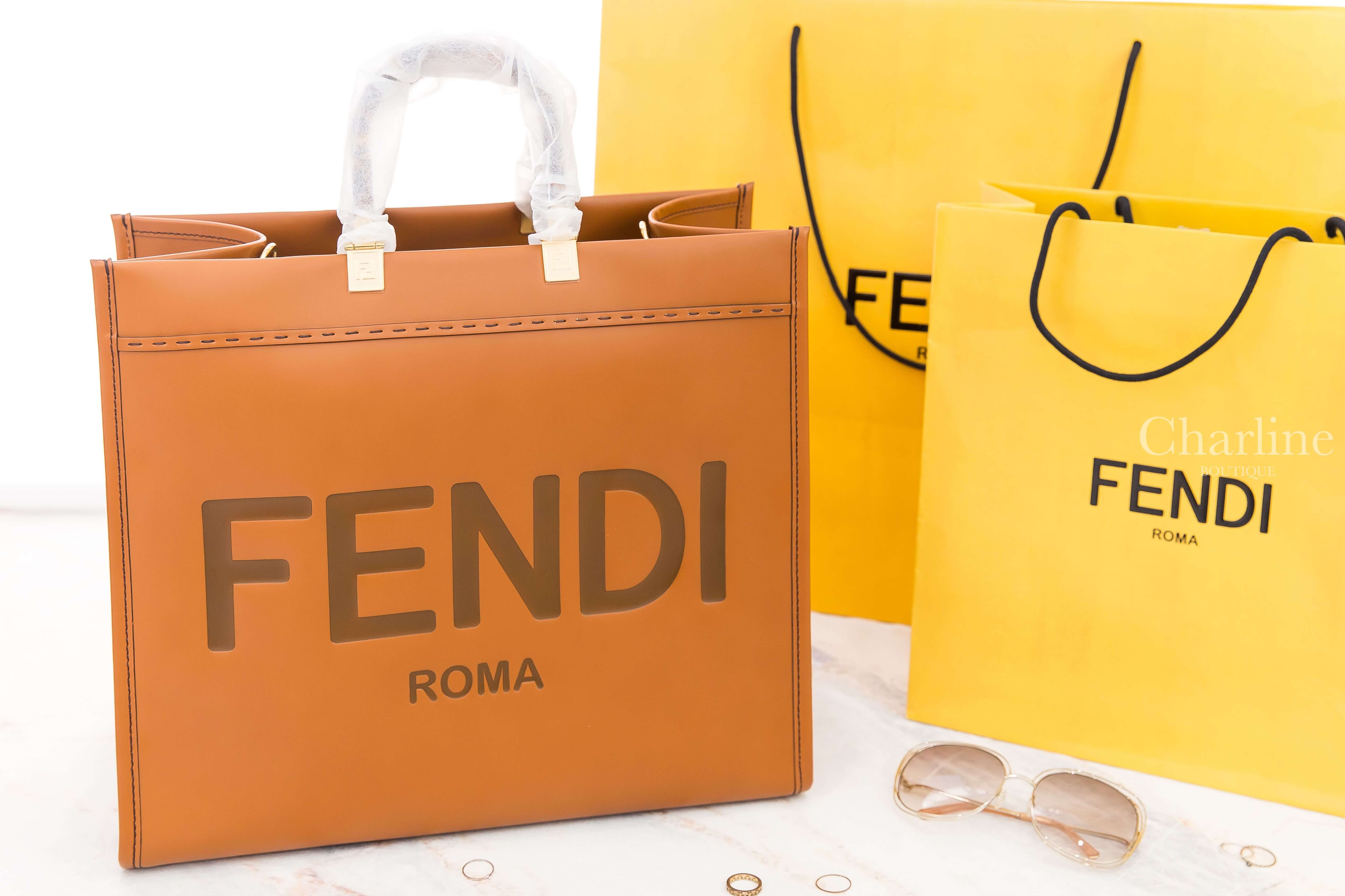Fendi Fendi Sunshine Large 咖啡色字母皮革琥珀提把大型托特包