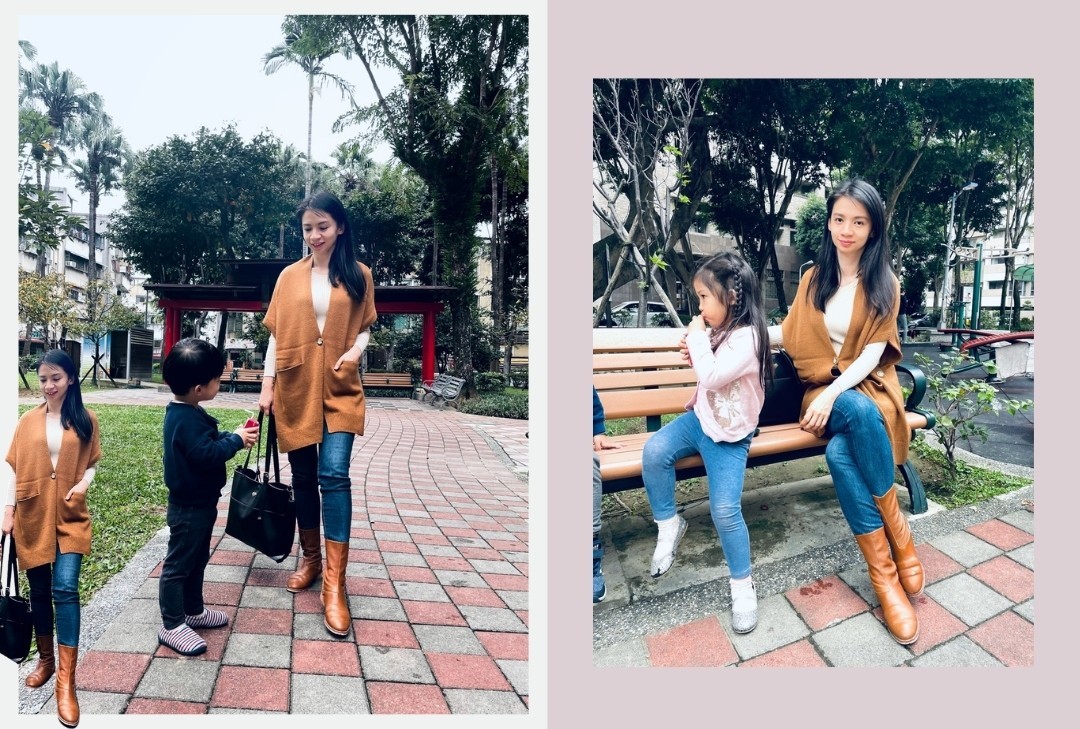 駝色長版披肩式內口袋針織外套穿搭