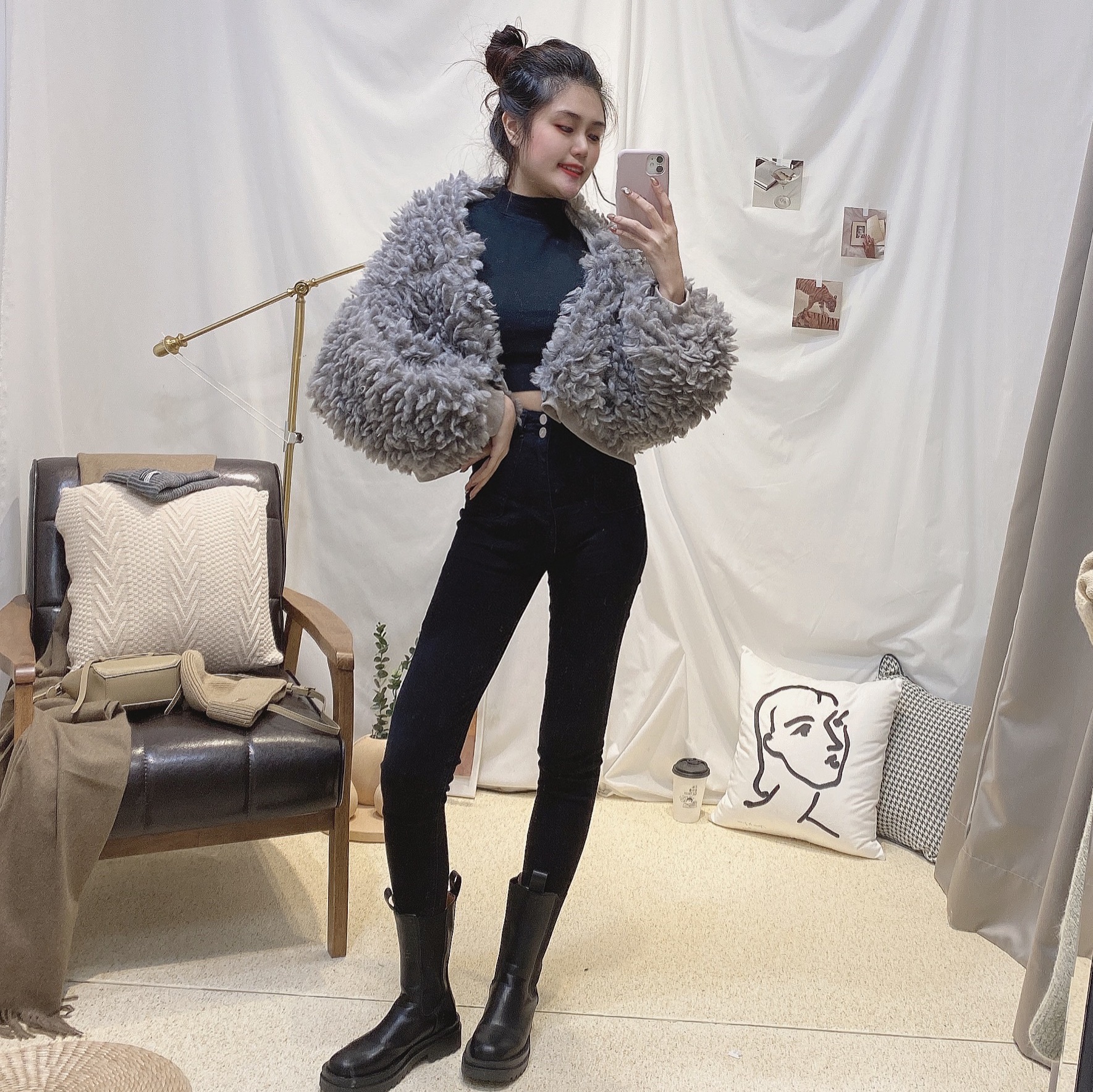 女神羊毛毛短版外套/二色