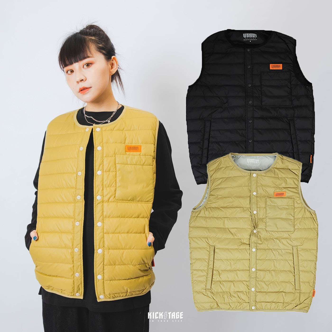 UNIVERSAL OVERALL INNER DOWN CREW NECK VEST 黑色 卡其 亨利領 羽絨背心 日系 男女款【U2033404】