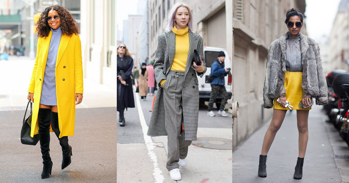 極致灰和亮麗黃的搭配，讓活力與知性的氛圍相容，是今年絕不能或缺的穿搭色彩。