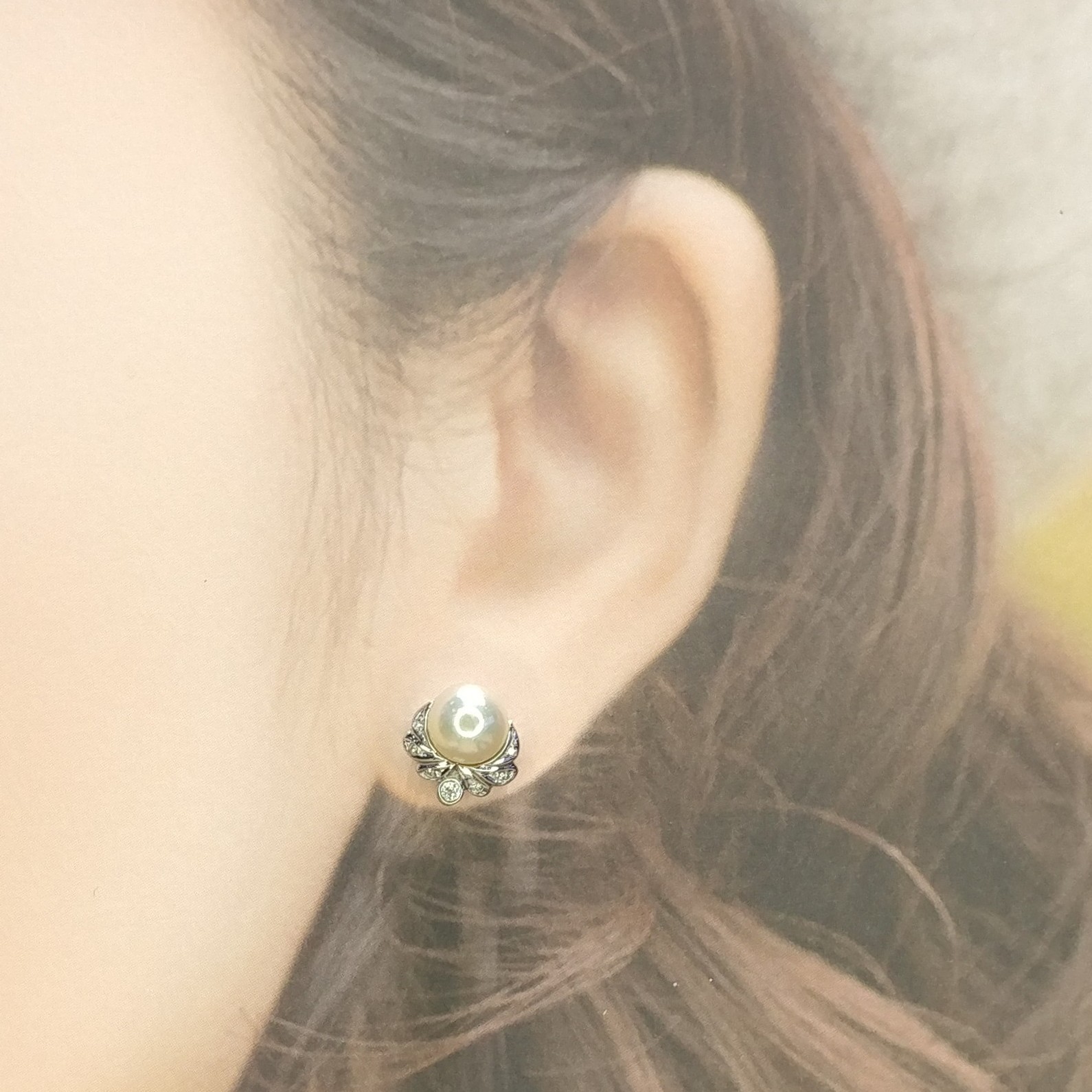 全新18K白金珍珠配6份鑽石耳環