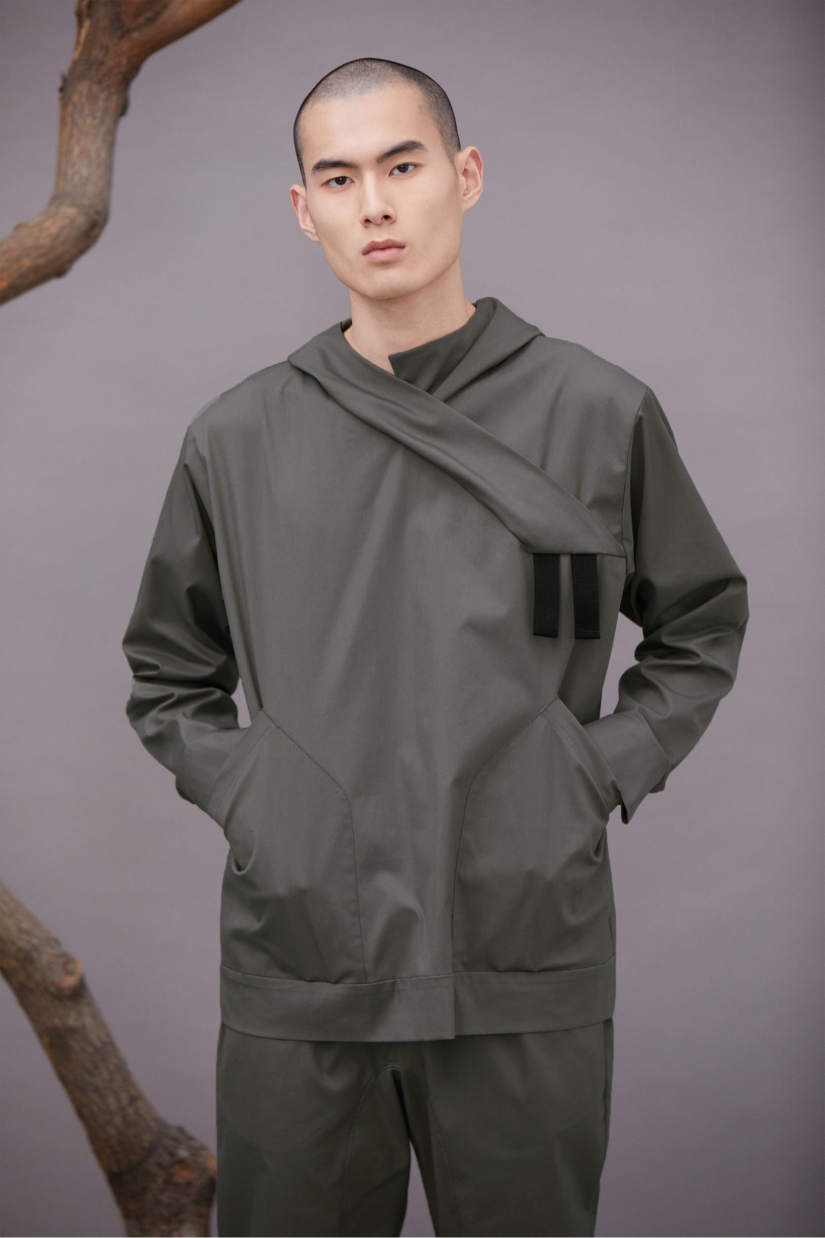 Y領連帽上衣 - 深灰