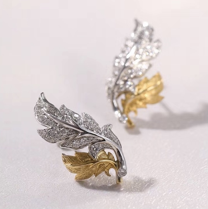18K雙色金拉絲羽毛鑽石耳釘