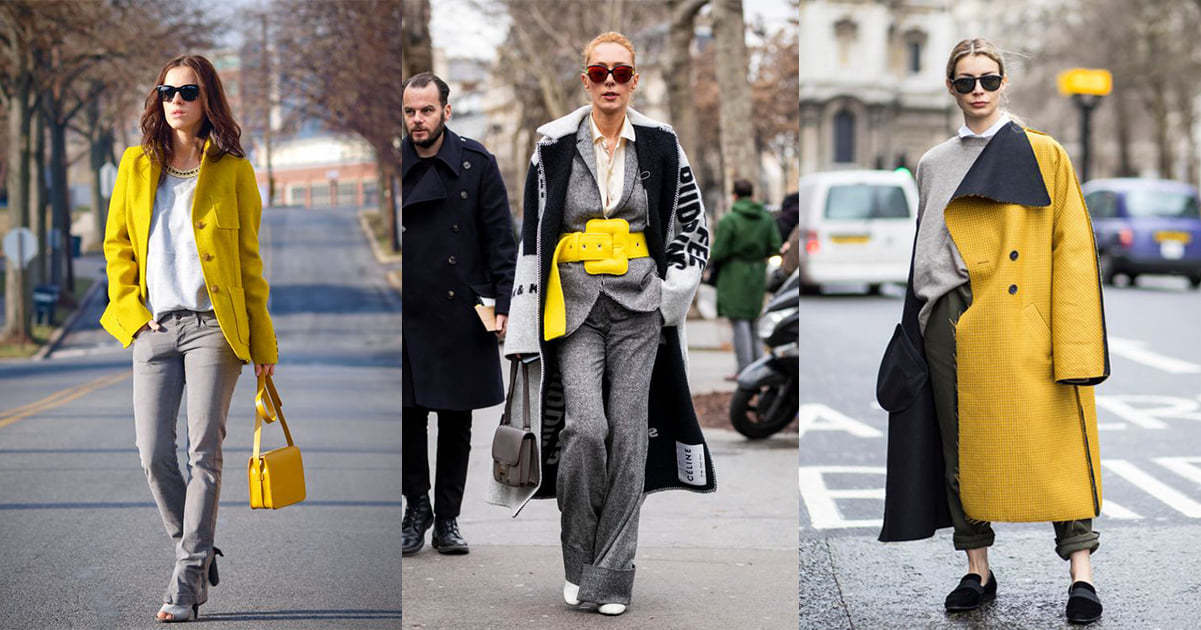 極致灰和亮麗黃的搭配，讓活力與知性的氛圍相容，是今年絕不能或缺的穿搭色彩。