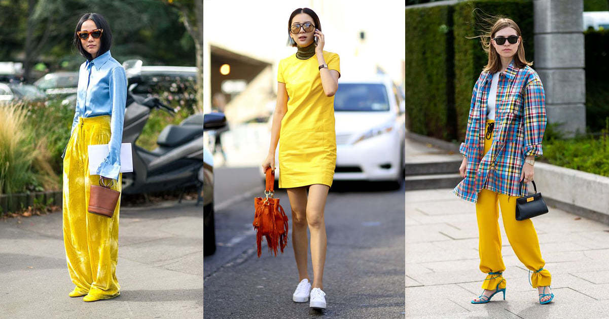 全身亮黃色穿搭，或用淺藍色單品做跳色搭配，創造出搶眼風格。