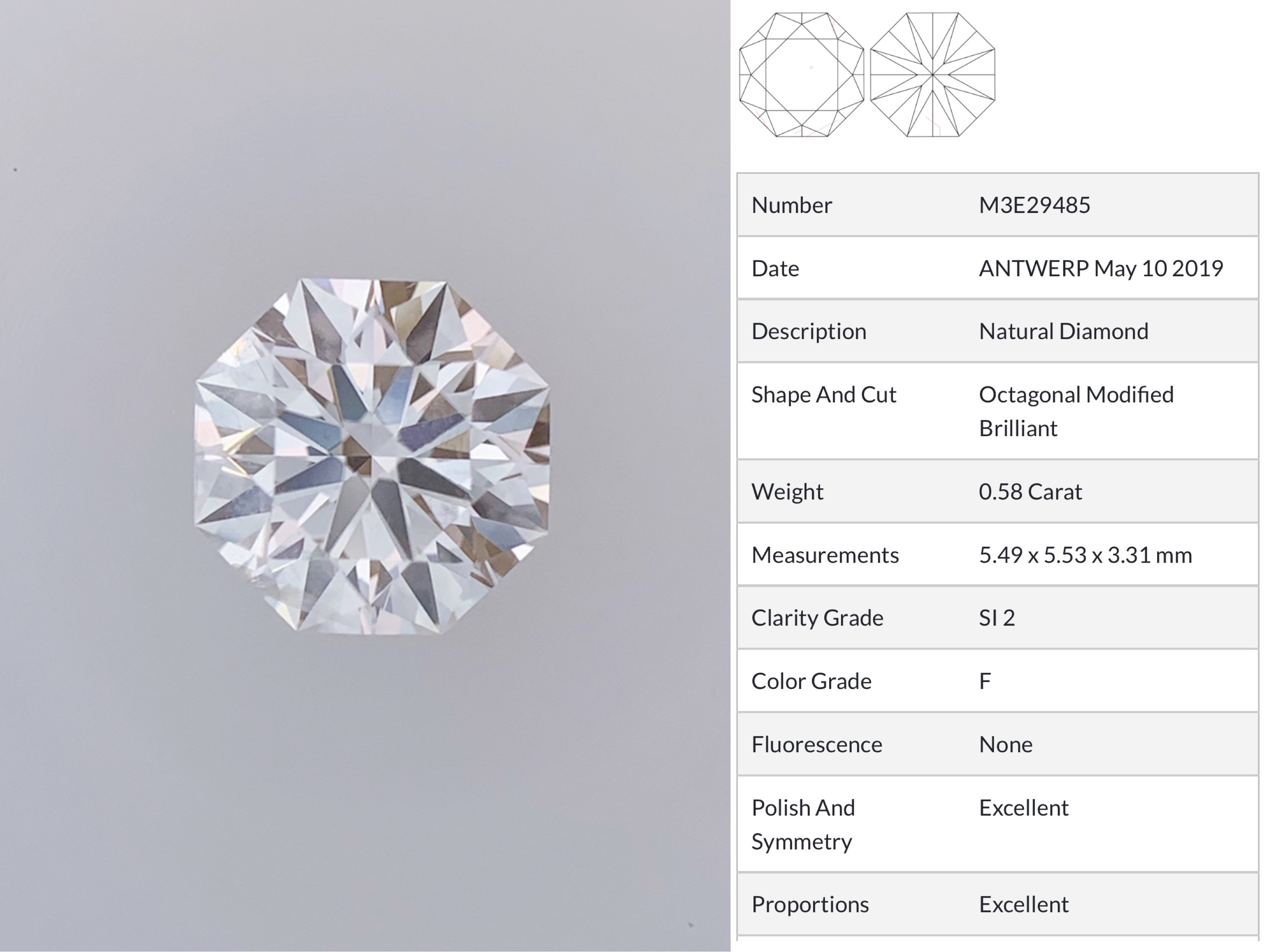 IGI鑽石 0.58 F SI2 EX EX NON (Octagonal Modified Brilliant)
