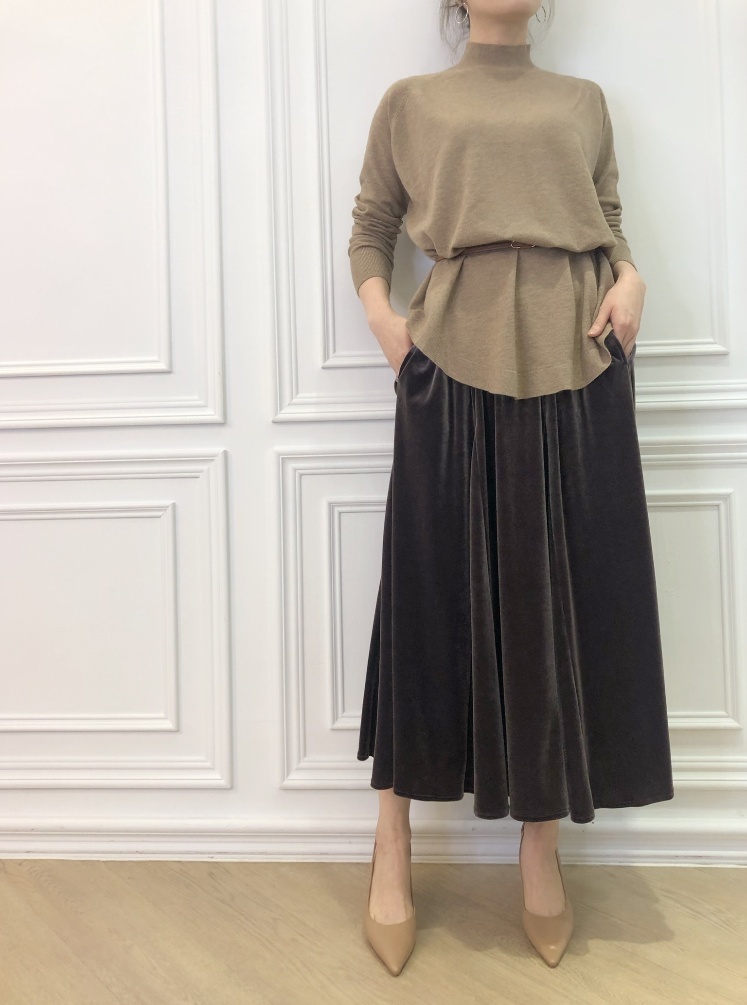 素色絨面鬆緊腰長裙