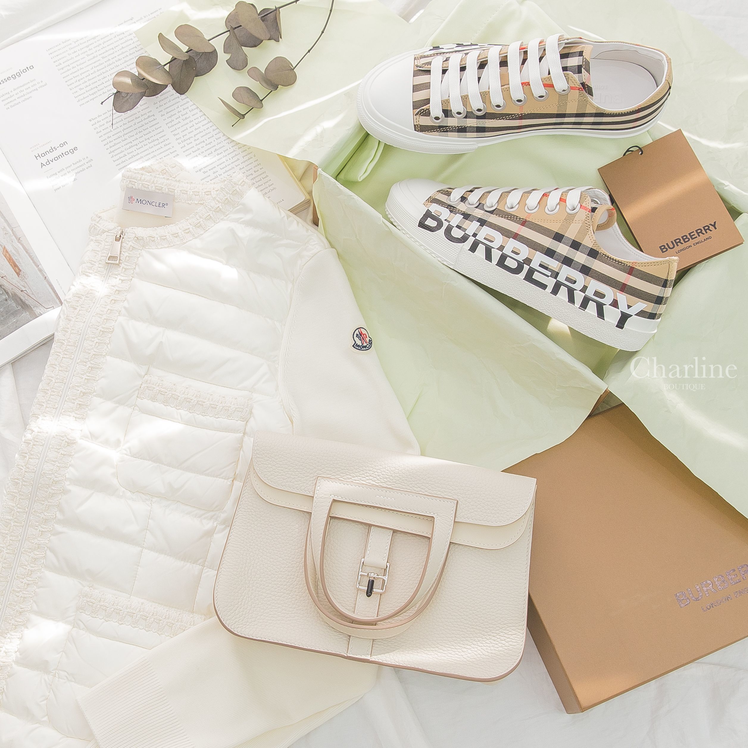 Hermès Halzan 25cm 奶昔白銀釦,Moncler Cardigan Tricot 米白色拼接針織四口袋羽絨外套,Burberry Sneakers 米色紅黑白格紋側邊黑白Logo棉質運動鞋-Charline Boutique 精品代購