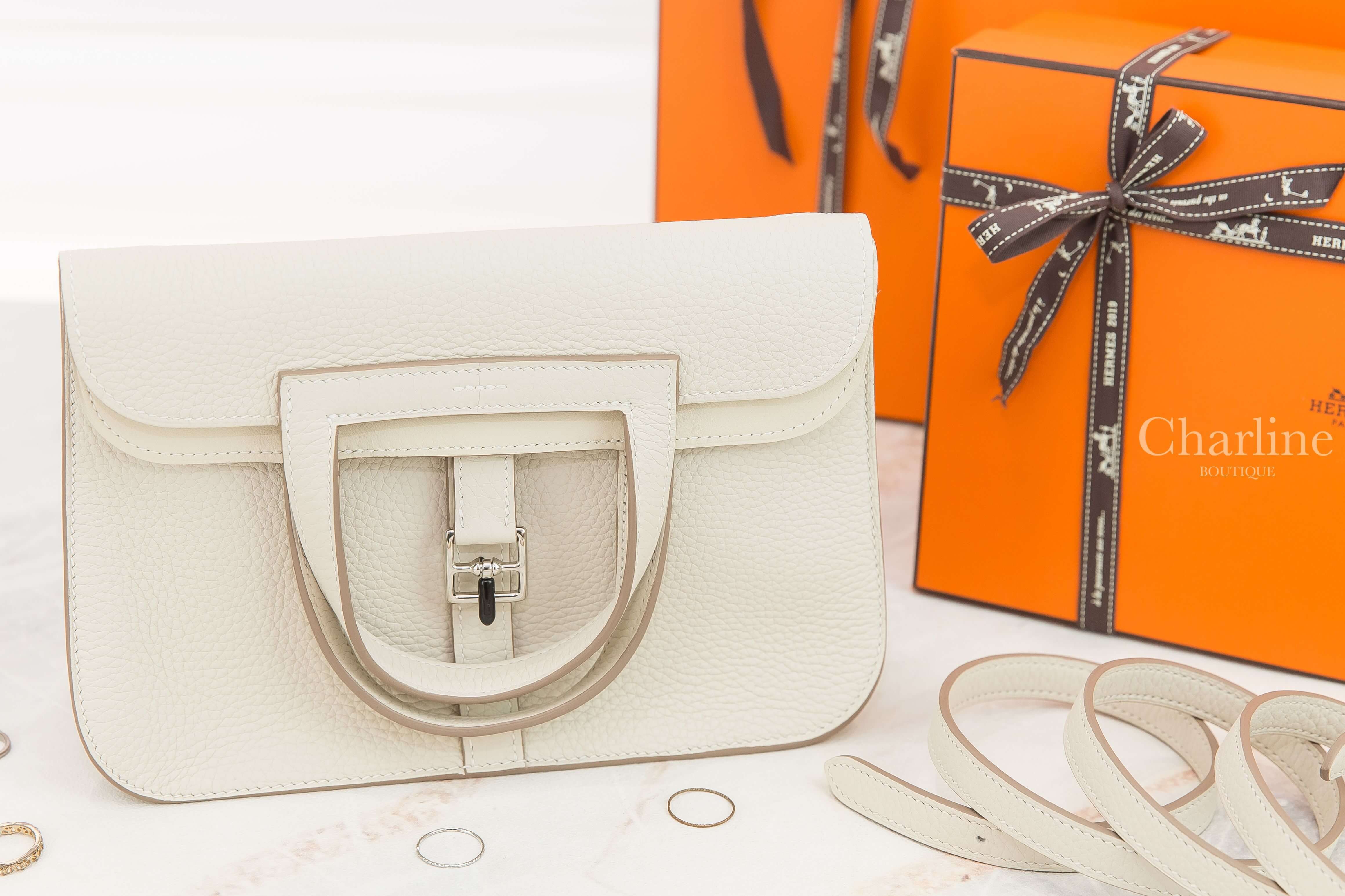Hermès Halzan 25cm 10 Craie Taurillon Clemence 奶昔白銀釦手提肩背包