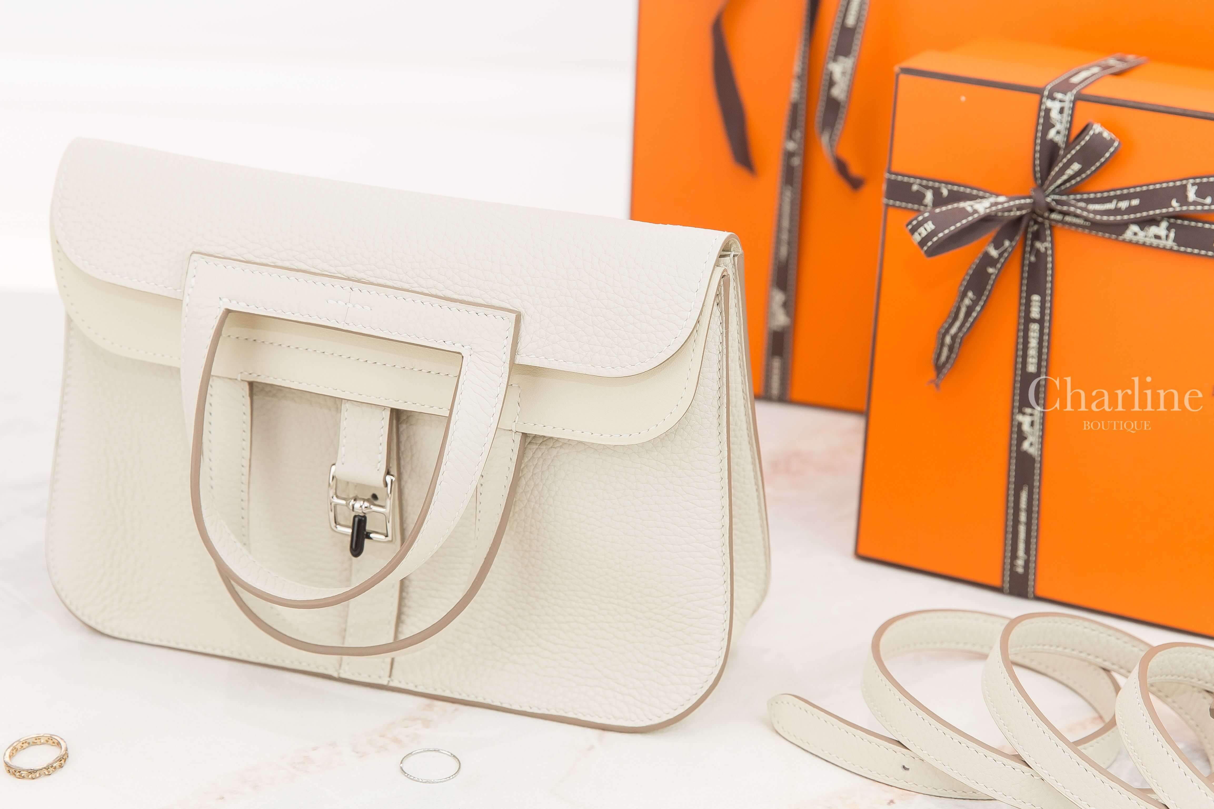 Hermès Halzan 25cm 10 Craie Taurillon Clemence 奶昔白銀釦手提肩背包-Charline Boutique 精品代購