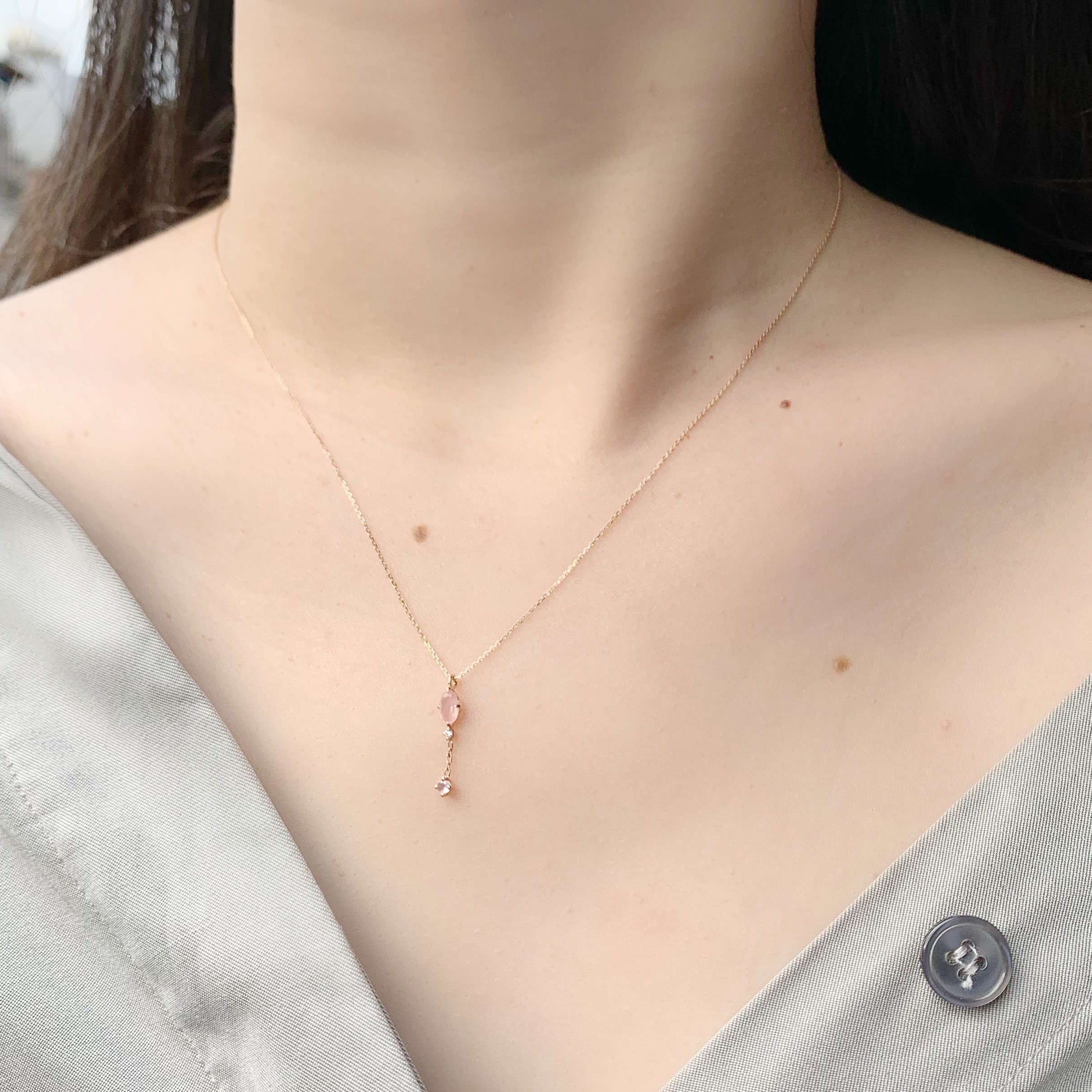 14K四爪橢圓粉晶真鑽小Y字項鍊