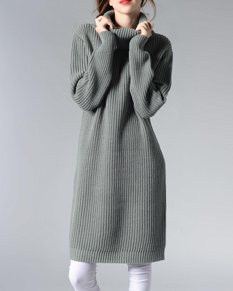 墨綠/藏青/咖啡/灰/黑【零碼出清不退換】翻領粗針長版毛衣洋裝