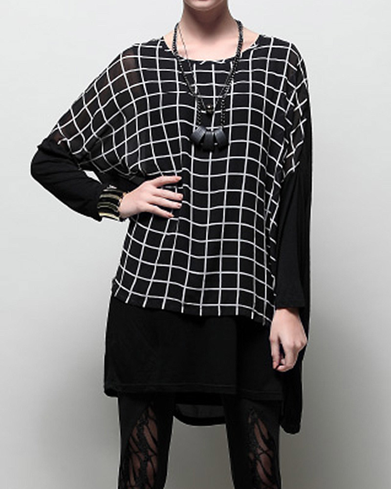 白F【零碼出清不退換】格紋假兩件雪紡上衣