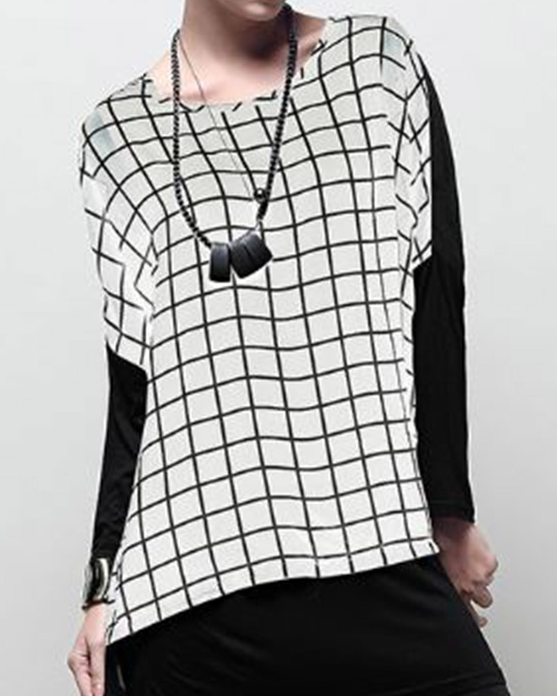 白F【零碼出清不退換】格紋假兩件雪紡上衣