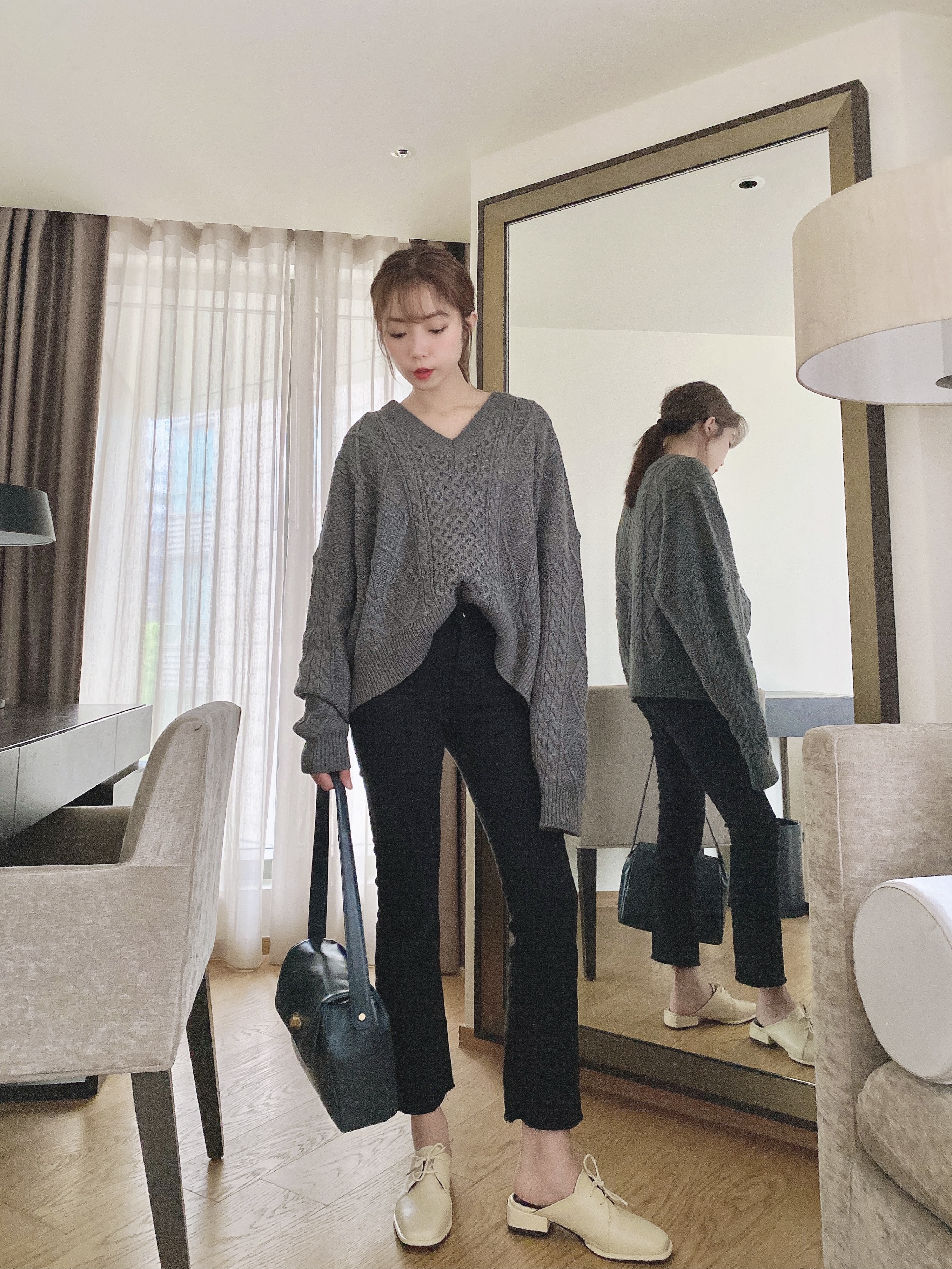 麻豆包色清單設計師V領麻花上衣