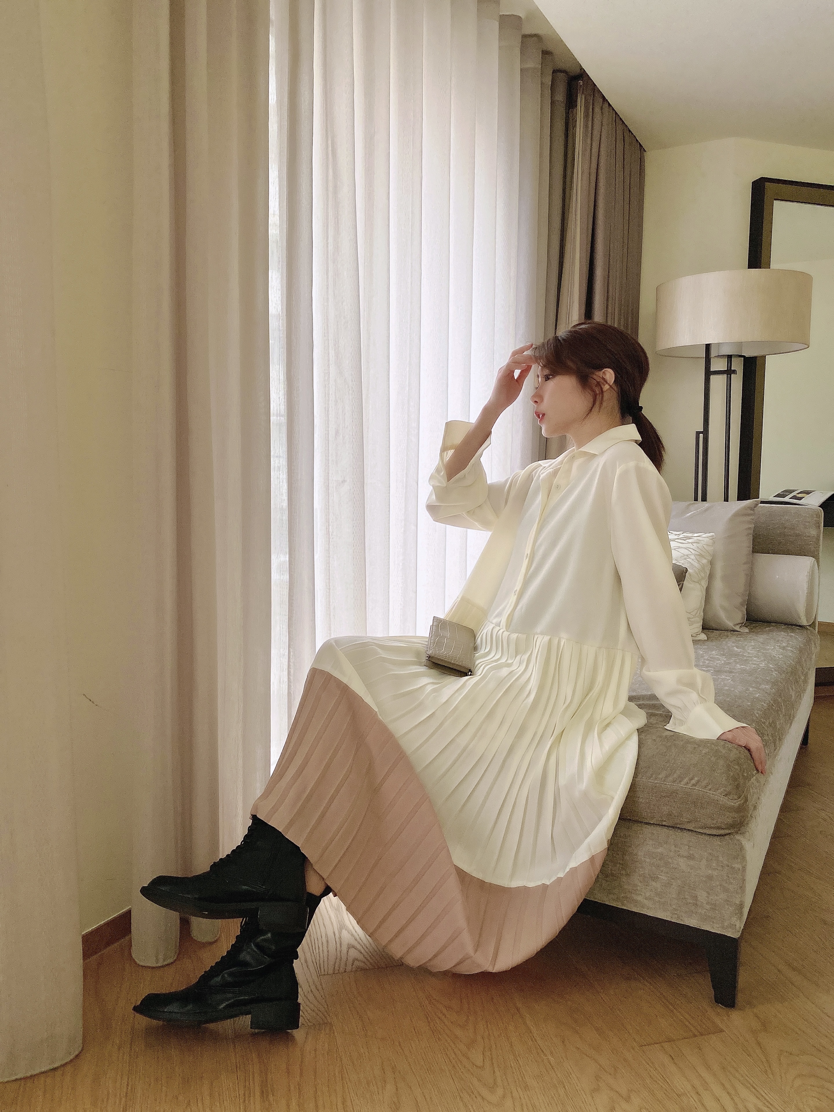 設計櫃雙色拼接百褶雪紡襯洋