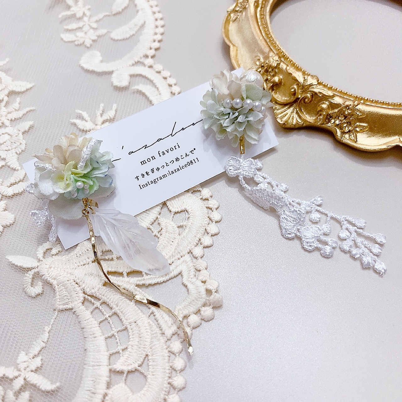 [手作家] 日本人造花蕾絲羽毛耳環