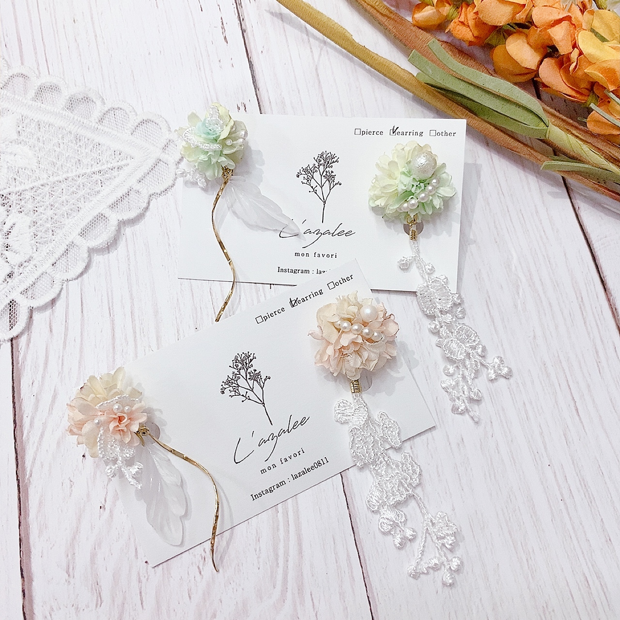 [手作家] 日本人造花蕾絲羽毛耳環