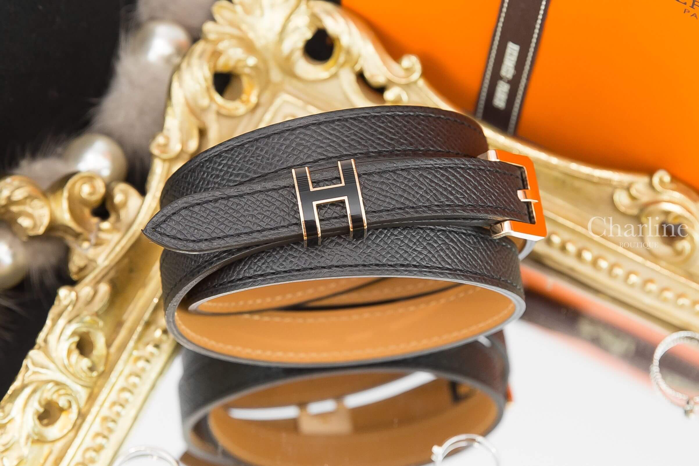 Hermès Pop H 15 Belt 黑色玫瑰金釦H皮帶