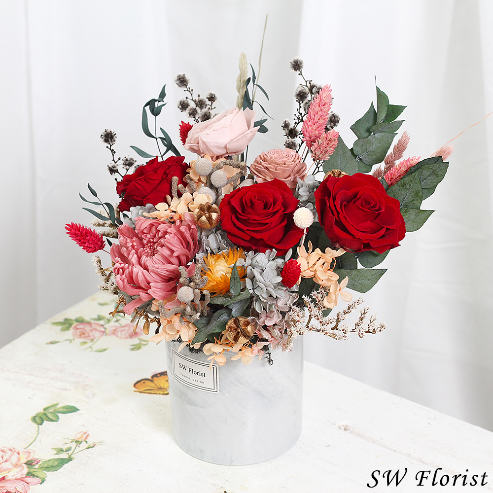 |大理石紋歐式花藝設計-百花爭艷-客廳布置-永生花盆栽-大型|