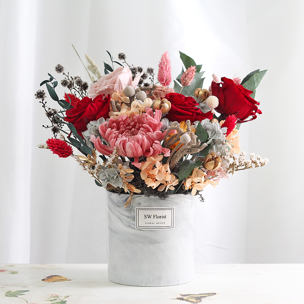 |大理石紋歐式花藝設計-百花爭艷-客廳布置-永生花盆栽-大型|