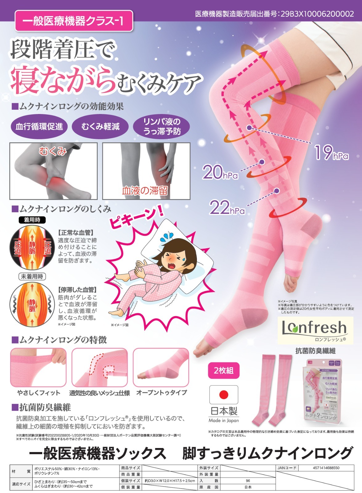 日本製 NEEDS LABO 腿部醫學加壓套 (粉紅色兩件裝) │適用女仕睡眠時使用│長度達 35~50cm│(壓力等級 19,20,22 hPa)