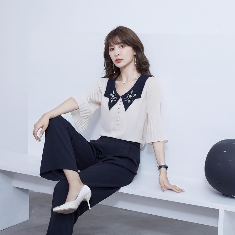 領珠褶袖雪紡衣