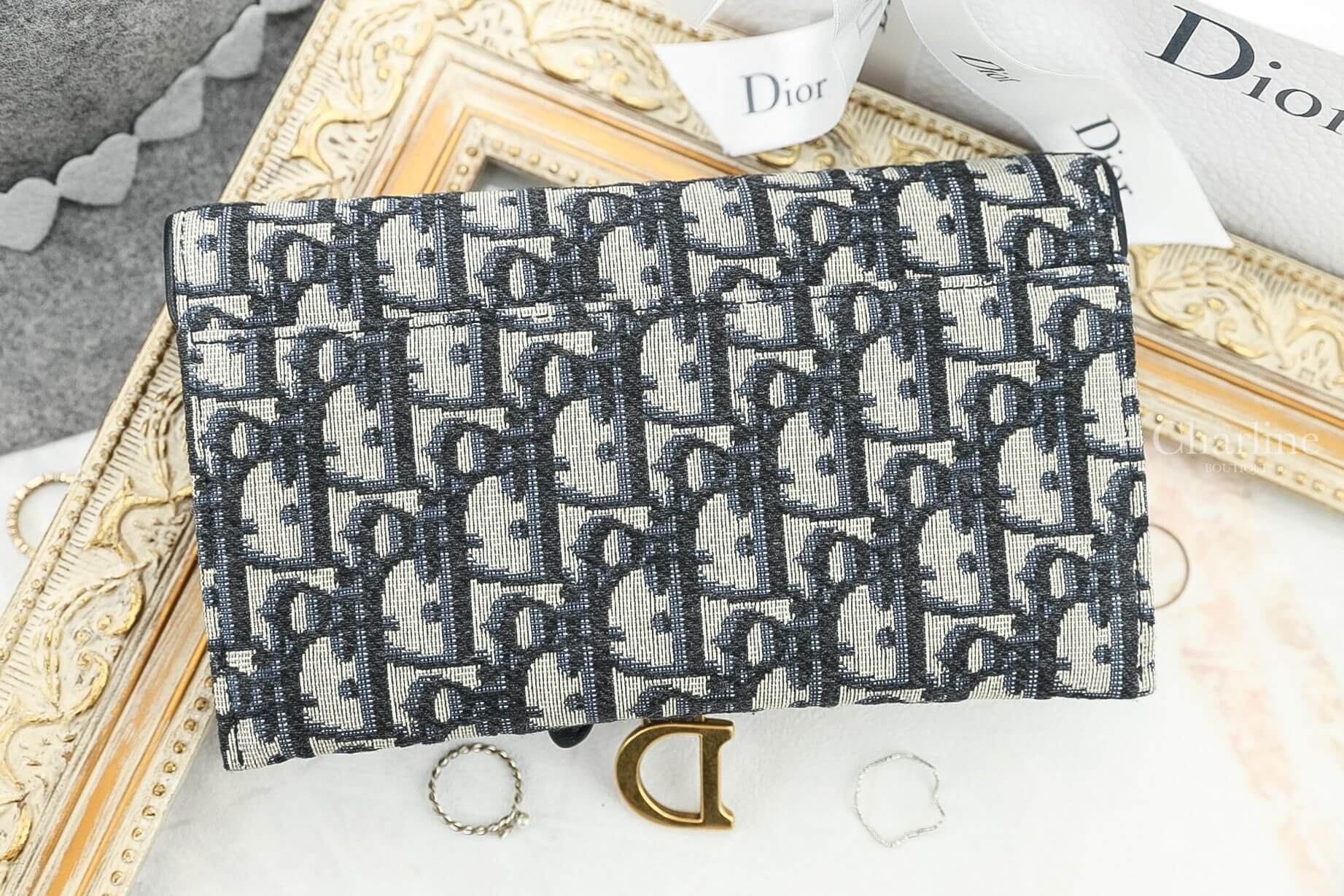 Dior Saddle Wallet 深藍色復古牛皮帆布馬鞍鍊帶長夾-Charline Boutique 精品代購