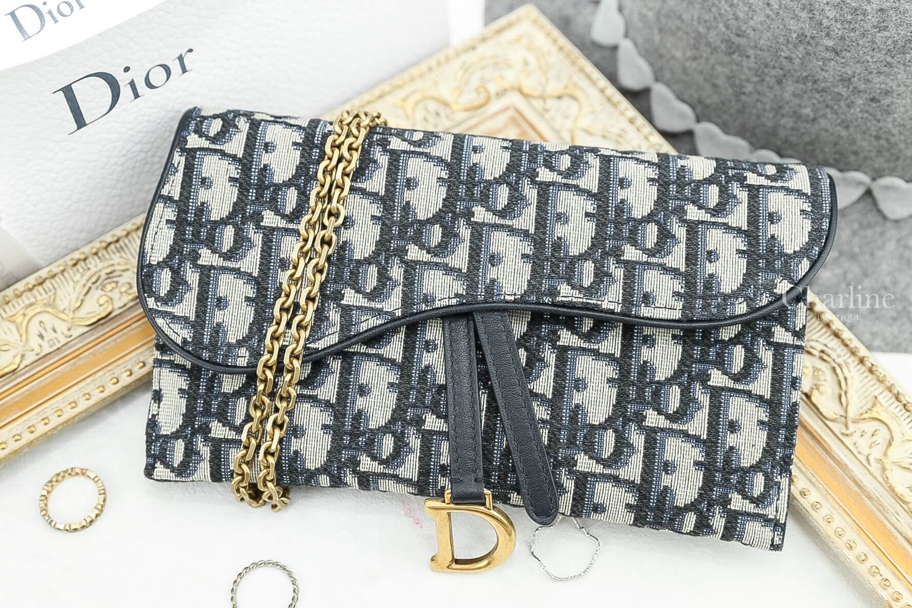 Dior Saddle Wallet 深藍色復古牛皮帆布馬鞍鍊帶長夾-Charline Boutique 精品代購