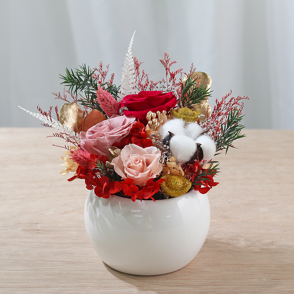 |紅粉香檳色-開幕賀禮-財運亨通-過年送禮-永生花盆栽-中型|